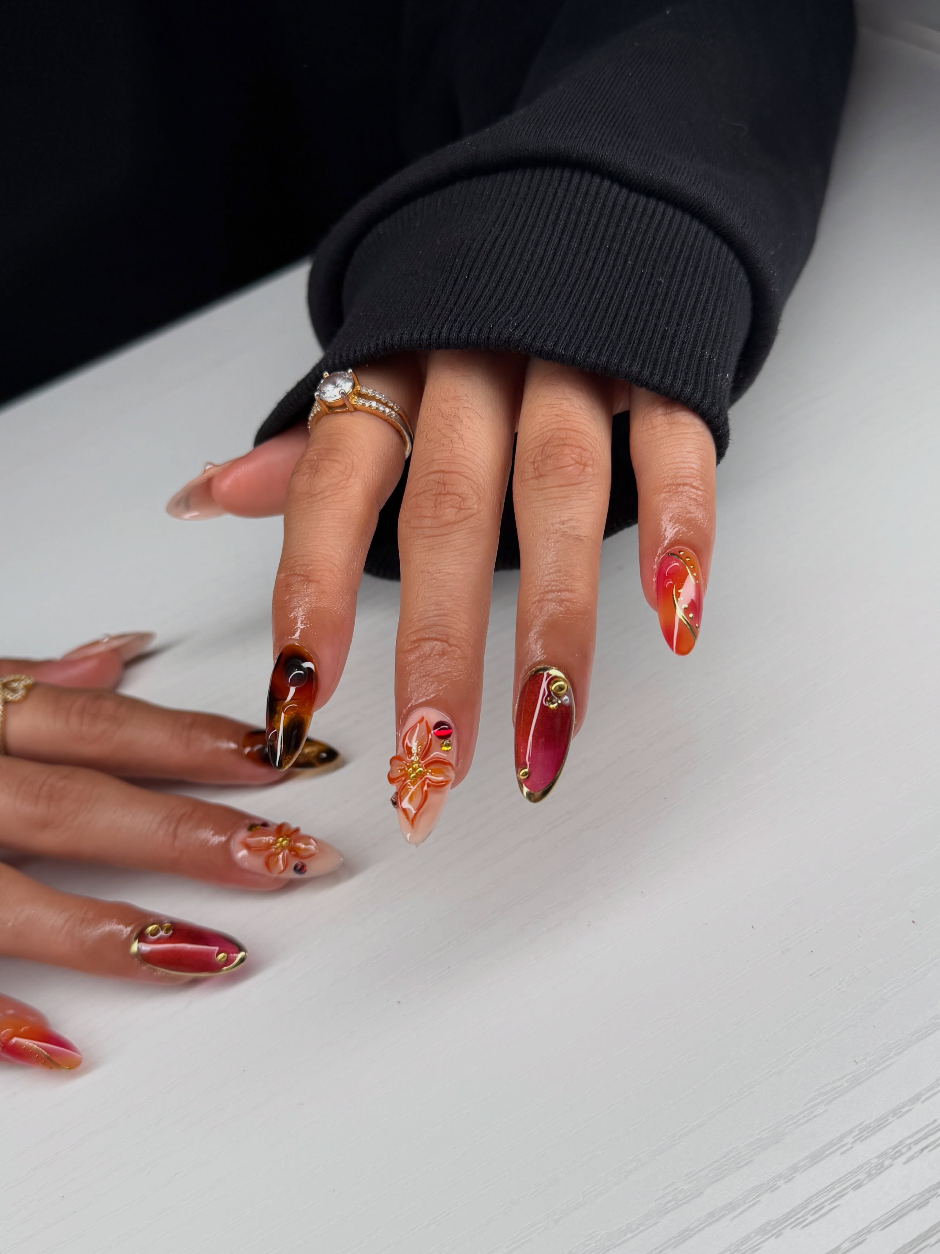 Bright Fall Gel Nails With Rhinestones