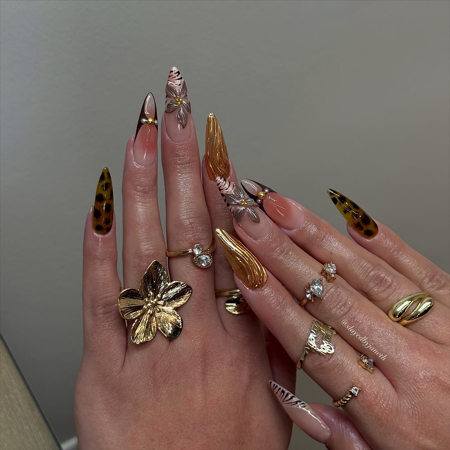Brown Animal Print Nails with Gold