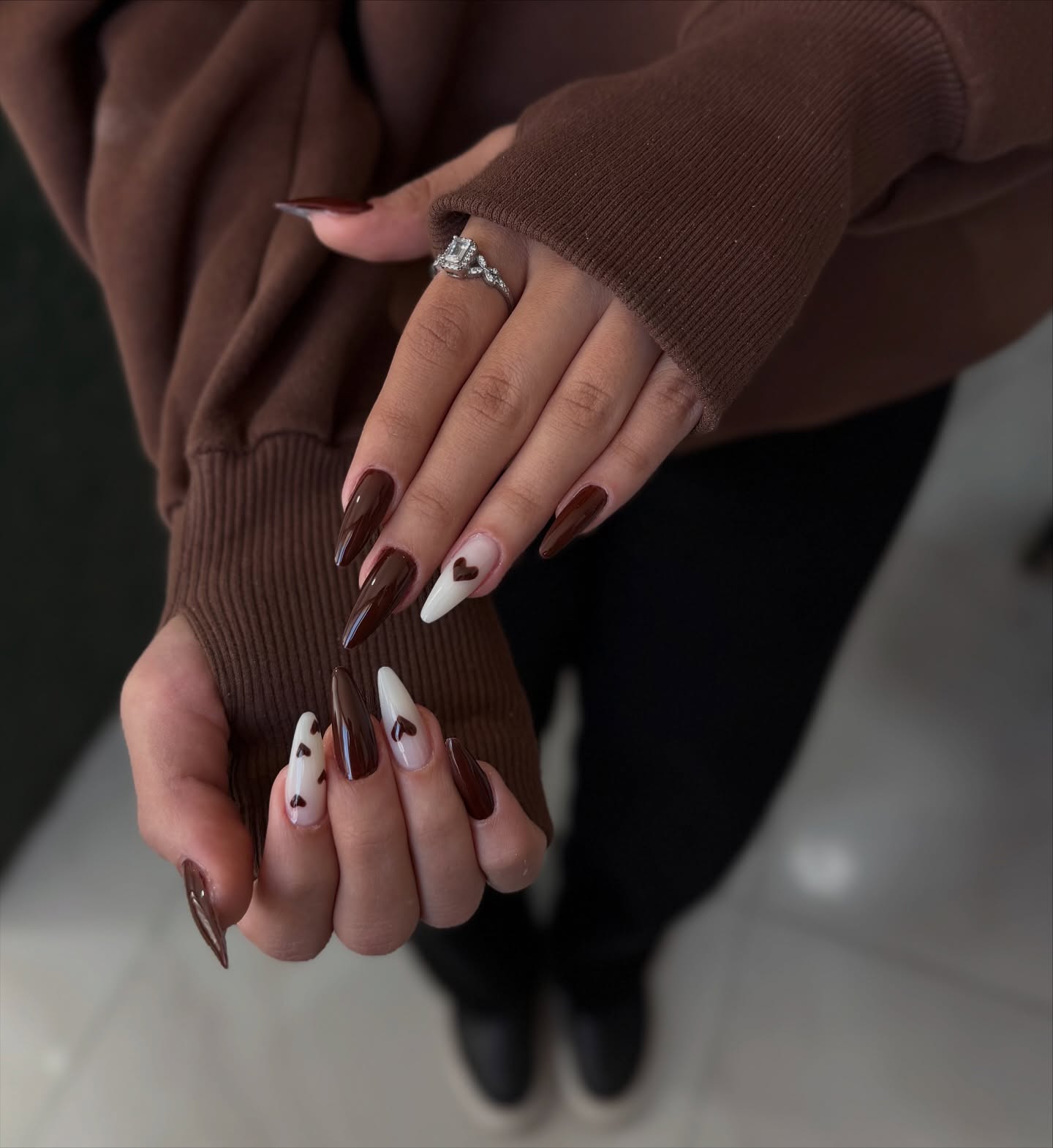 Brown Nails with Heart Designs