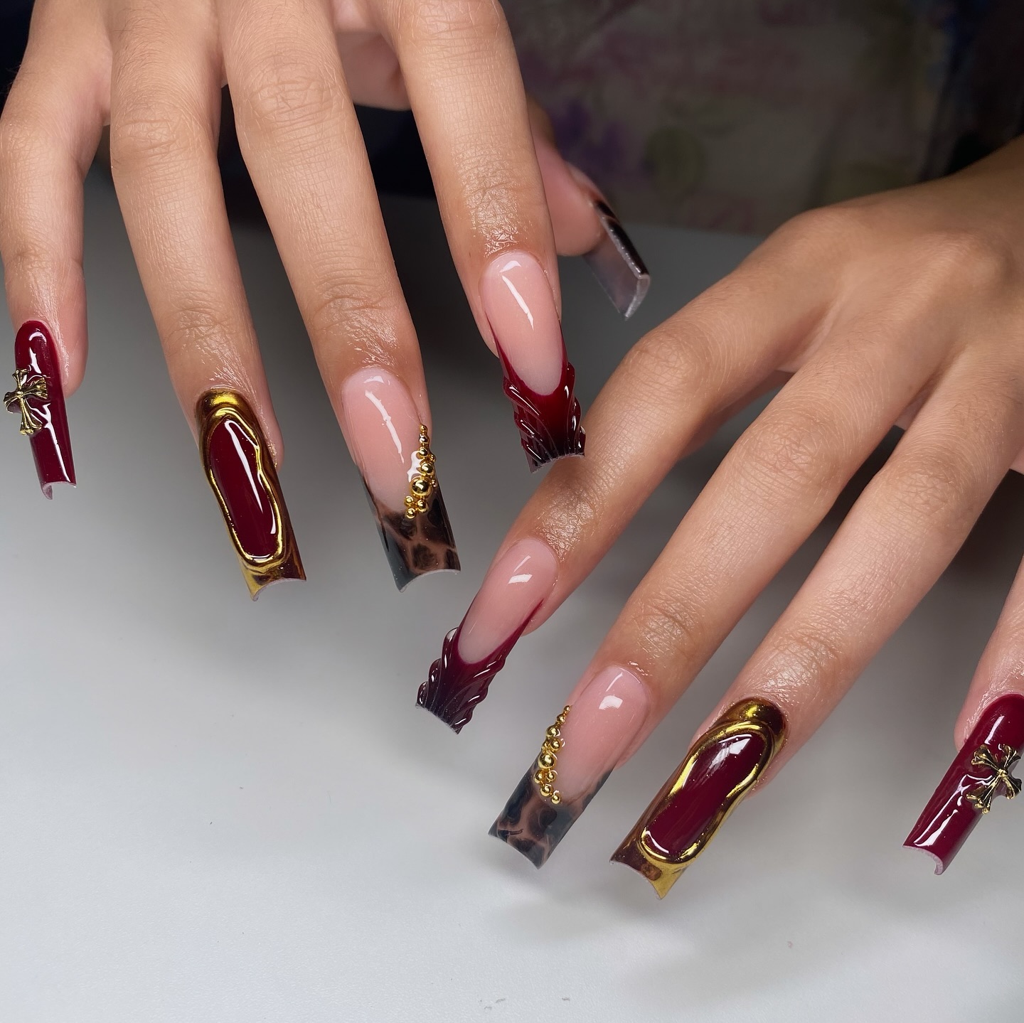 Burgundy and Tortoise Shell Chrome Nails