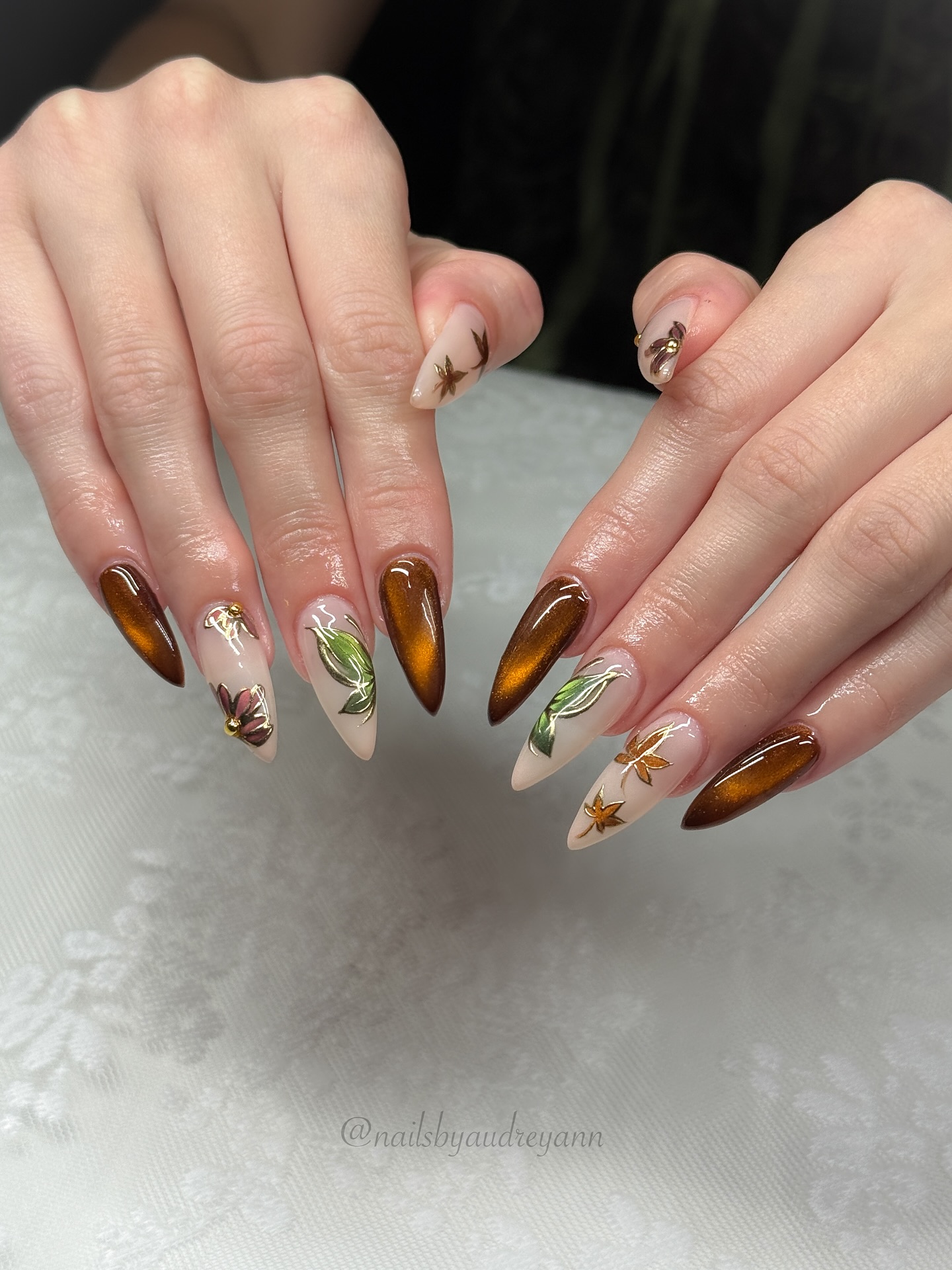 Cat Eye Brown with Fall Leaves and Flowers