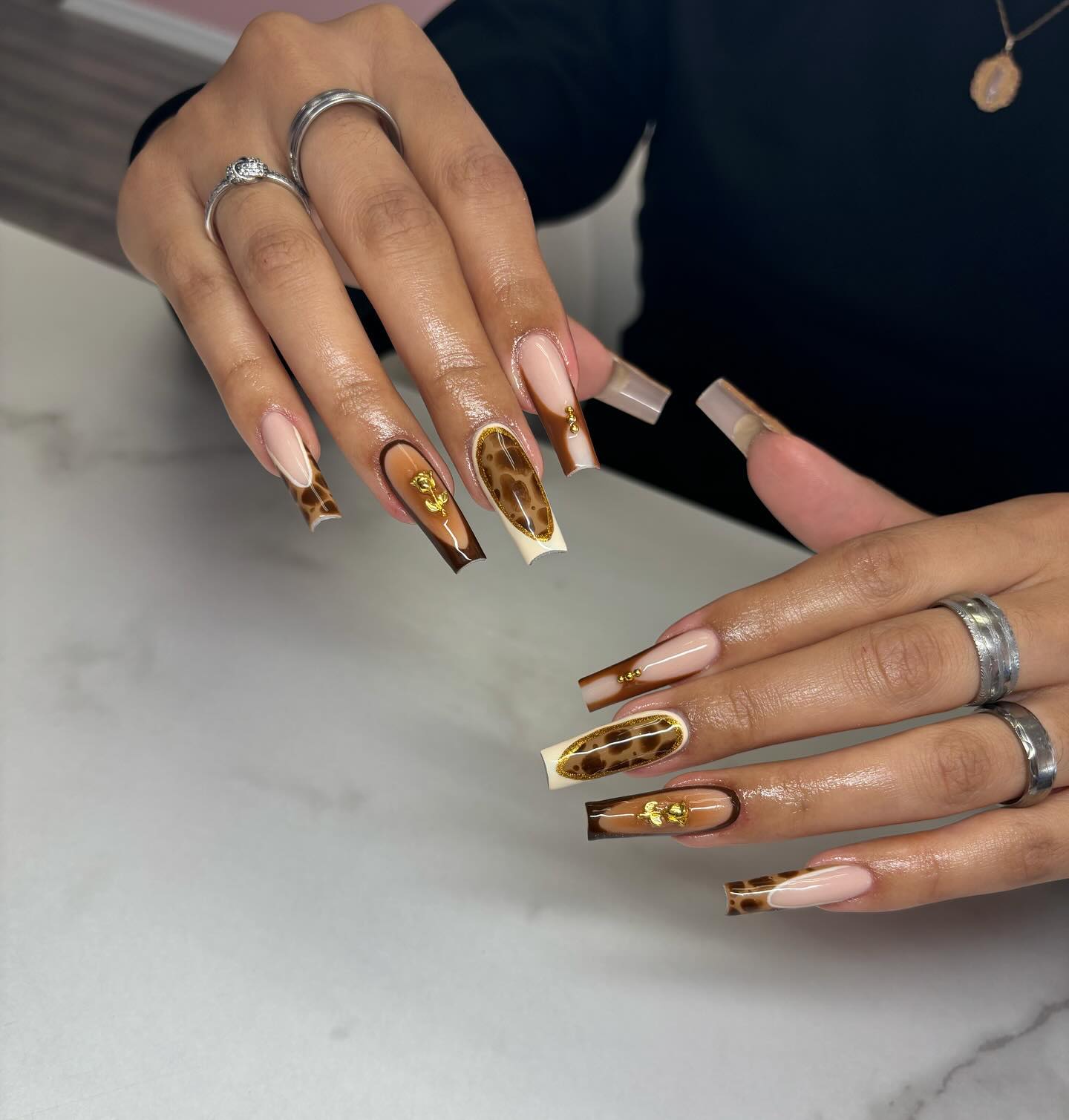 Chocolate Brown Leopard Coffin Nails