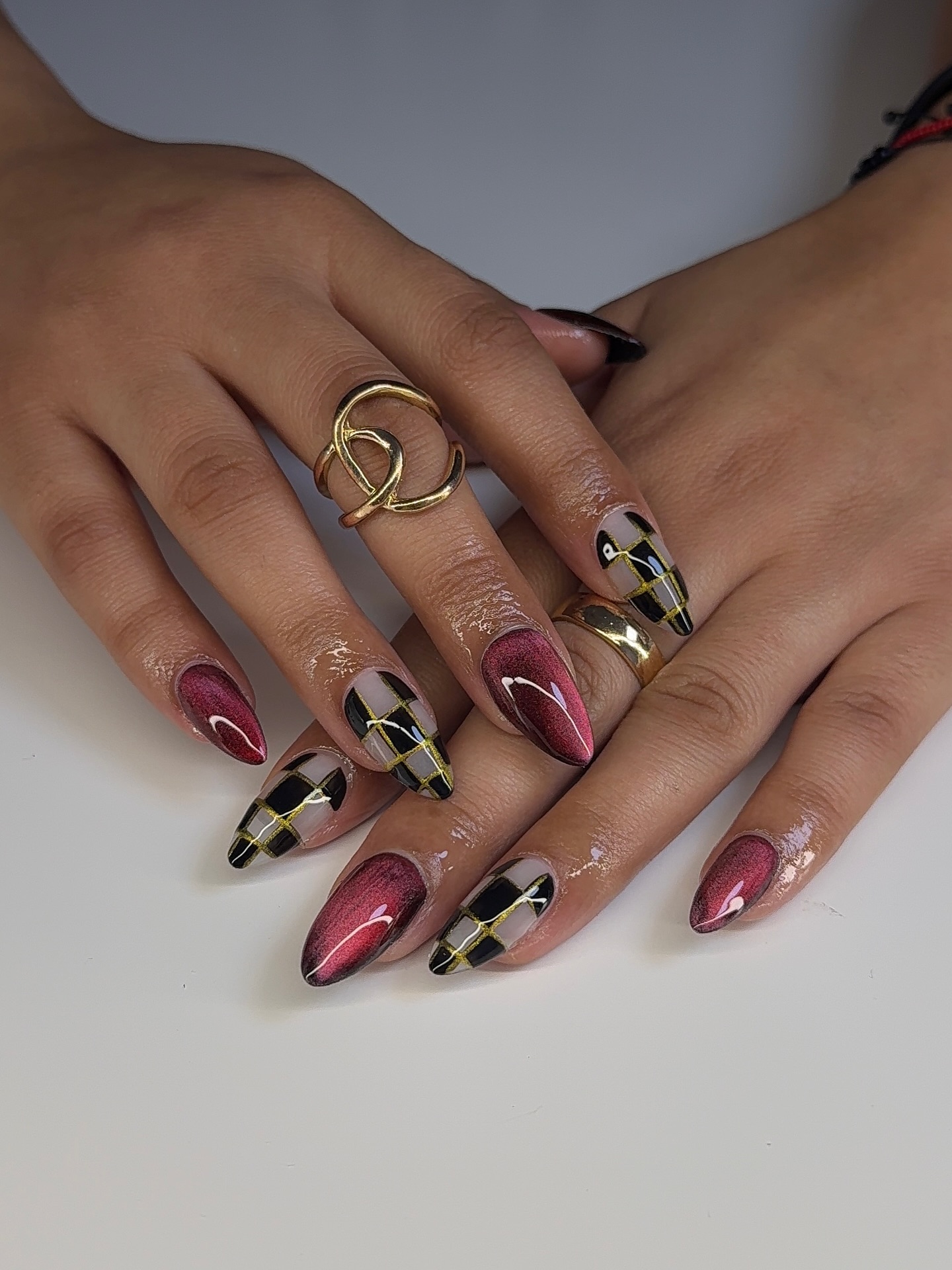 Cool Checkered Nails with Burgundy Cat Eye