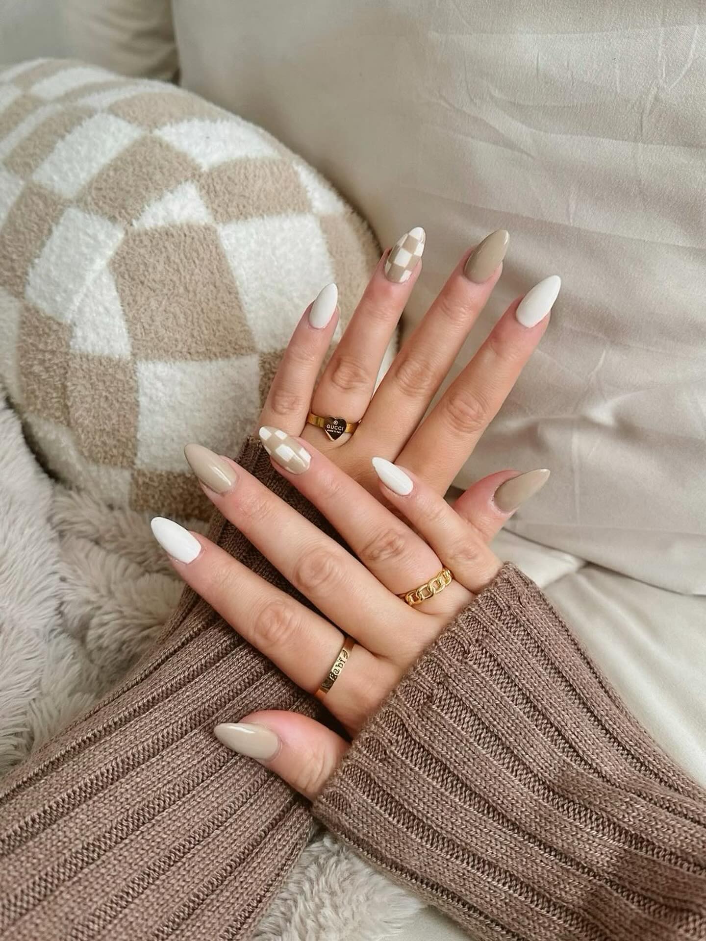 Cozy Neutral Tones Almond Shape Nails