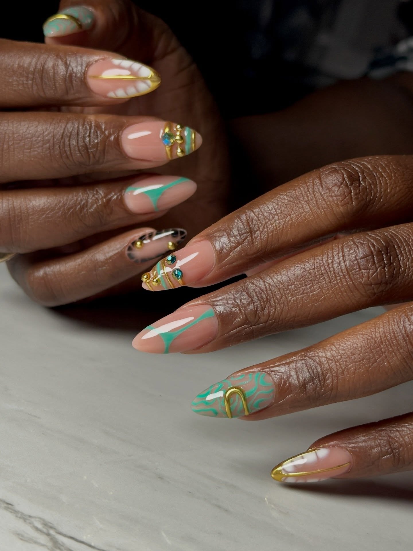 Gel Acrylic Nail Art with Gold Details