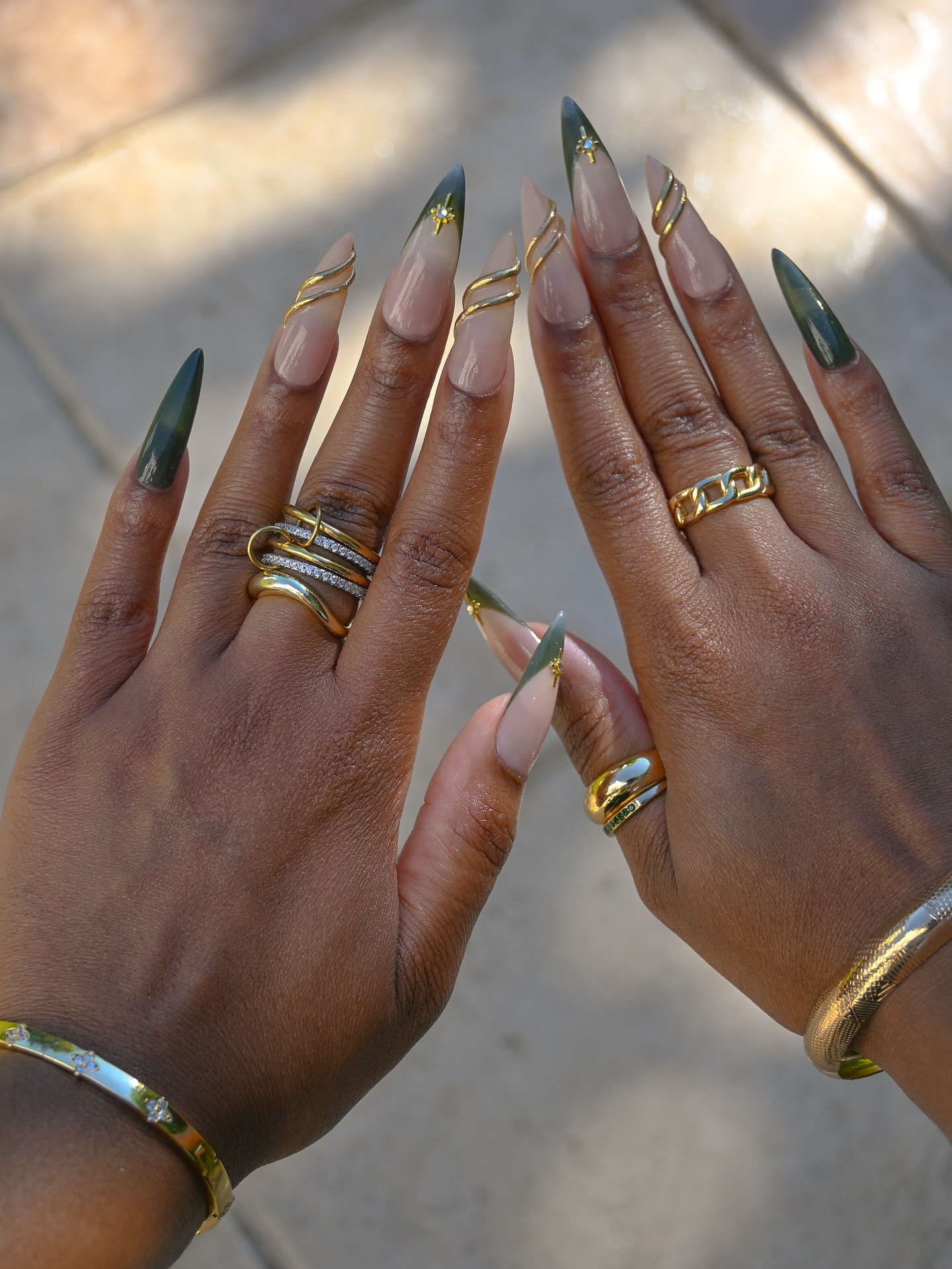Green Nails with Gold Details