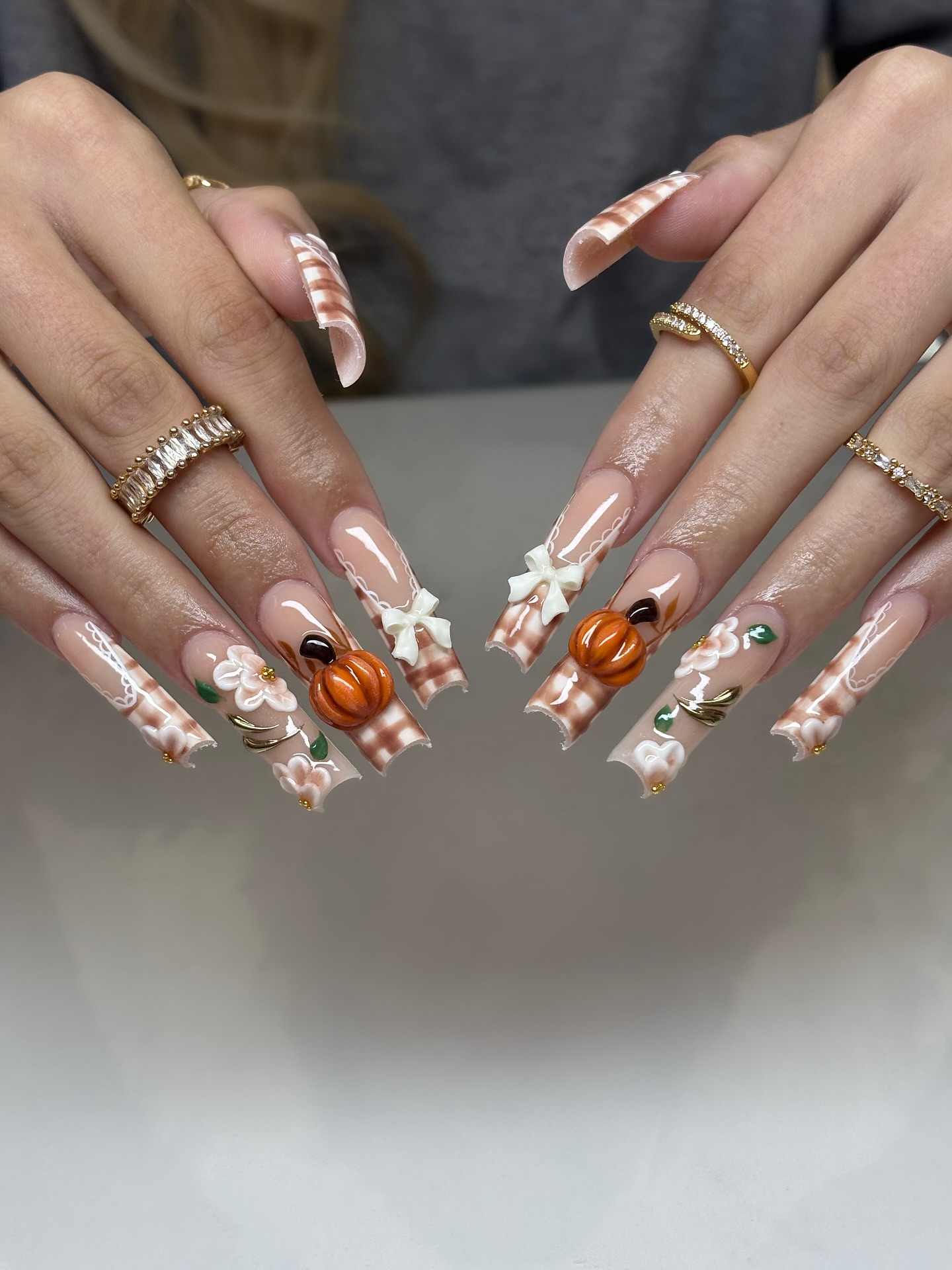 Long Acrylic 3D Pumpkin Nails