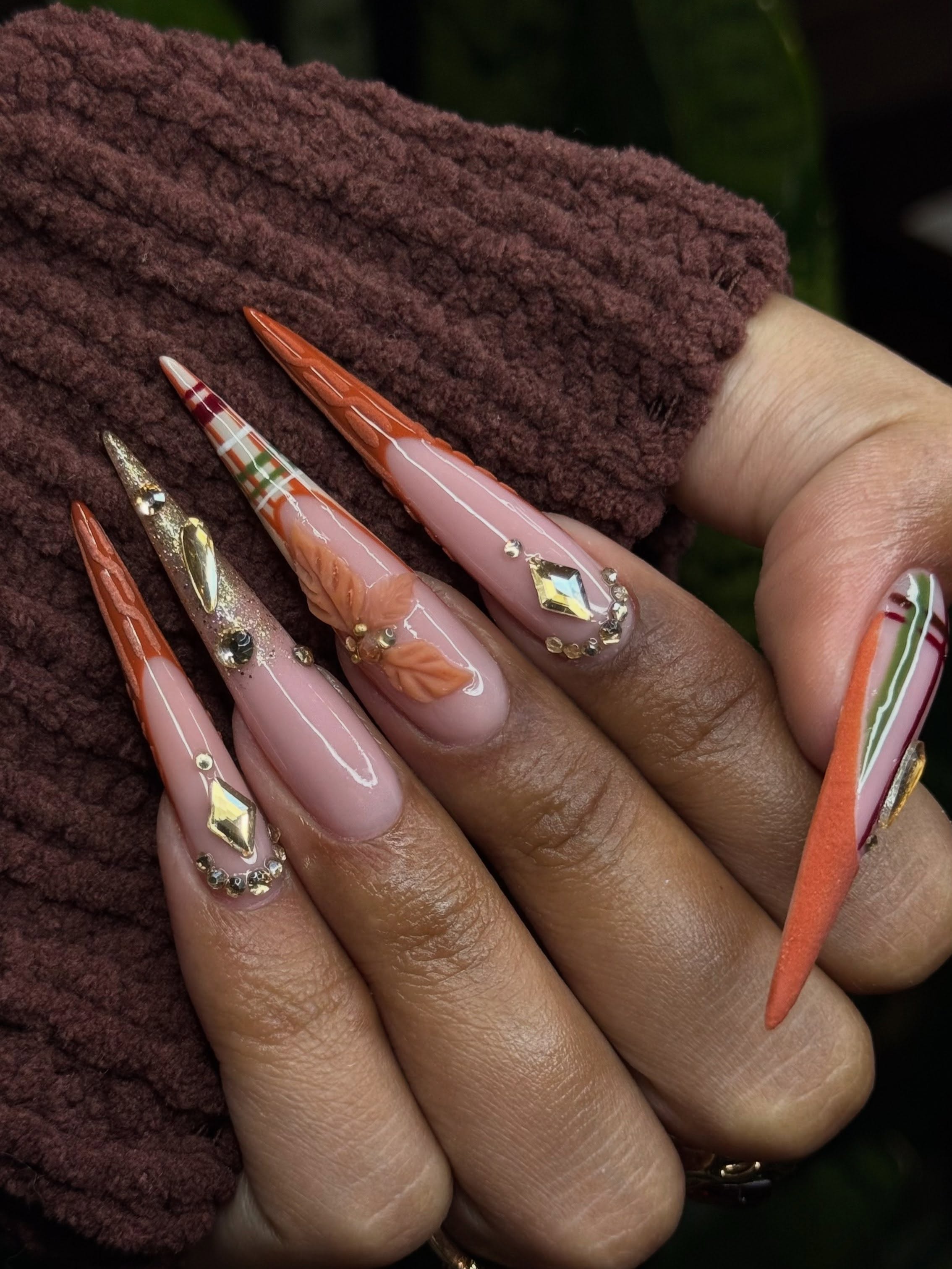 Long Stiletto Nails with 3D Fall Leaves