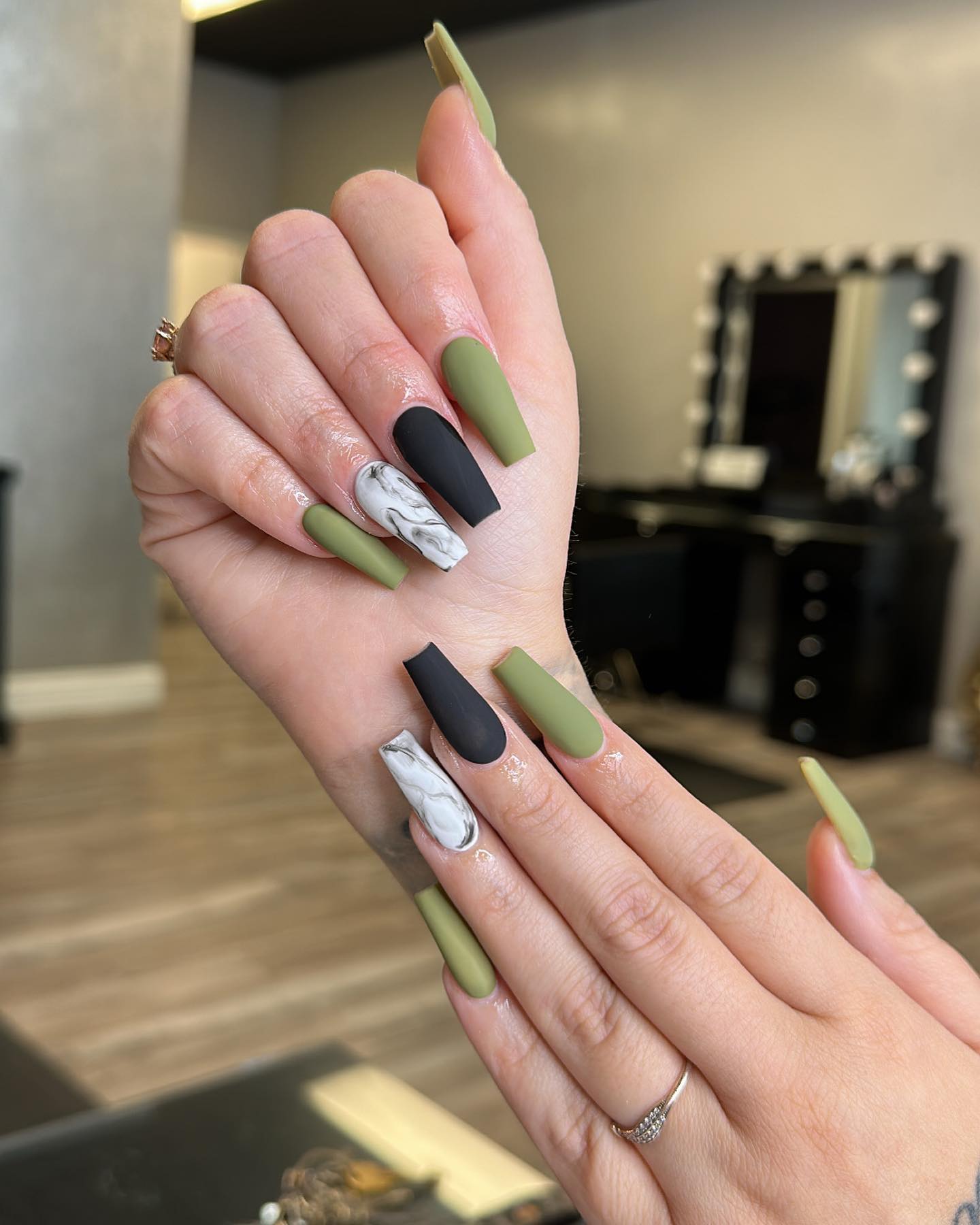 Matte Olive Green and Black with Marble White