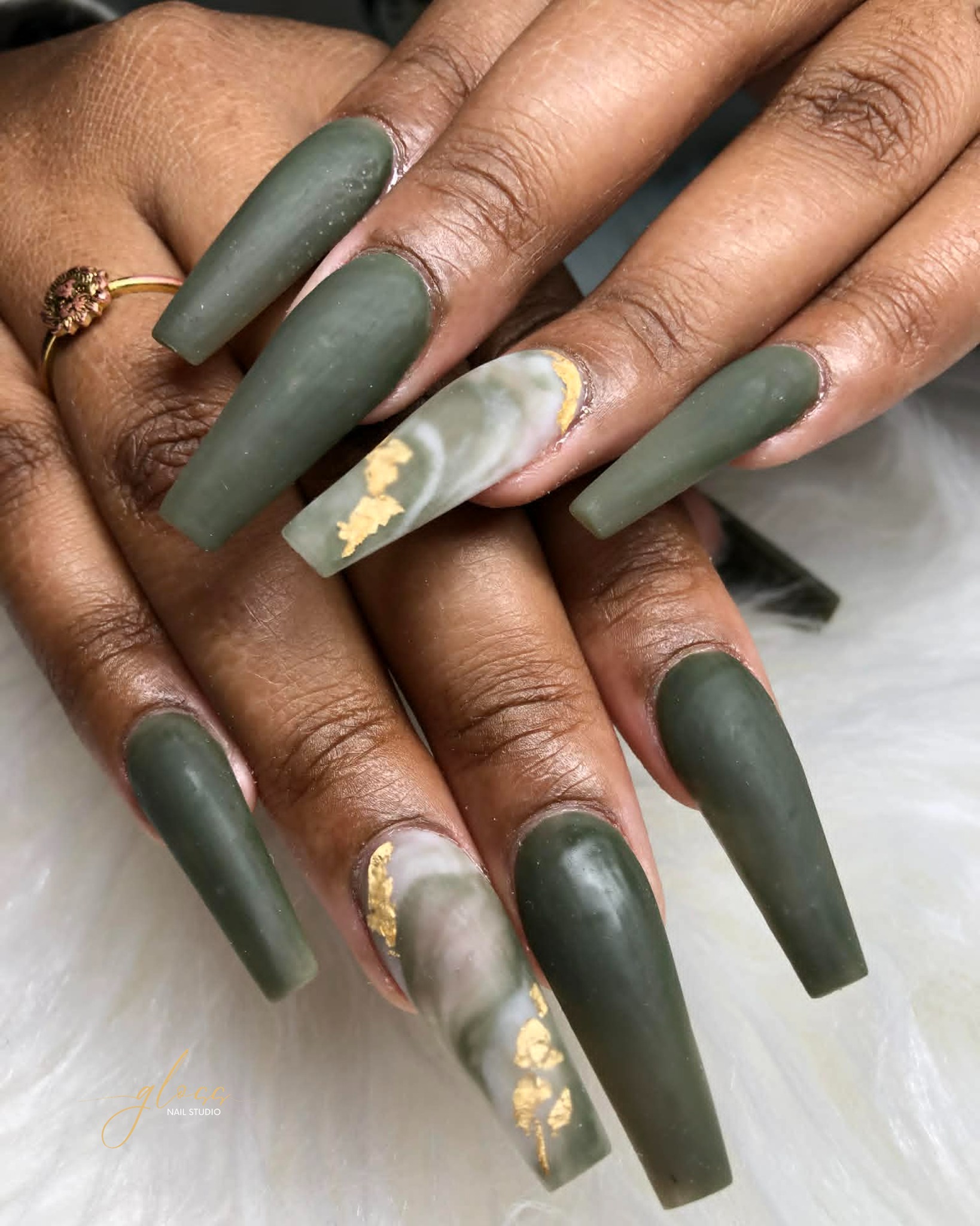 Matte Olive Set with Marble Accents and Gold Foil