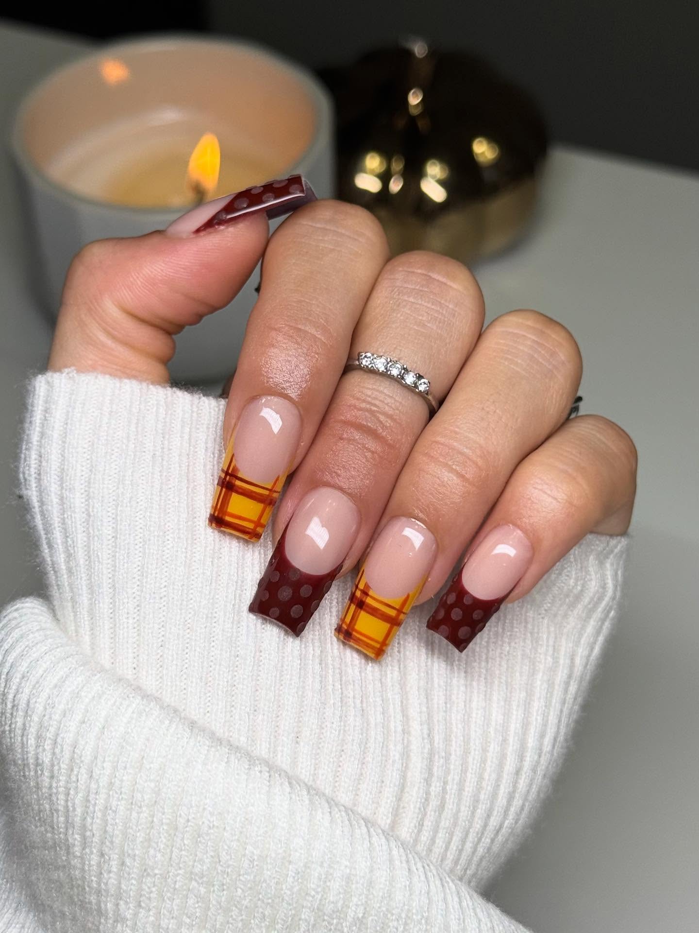 Medium Square Mocha French Plaid Nails