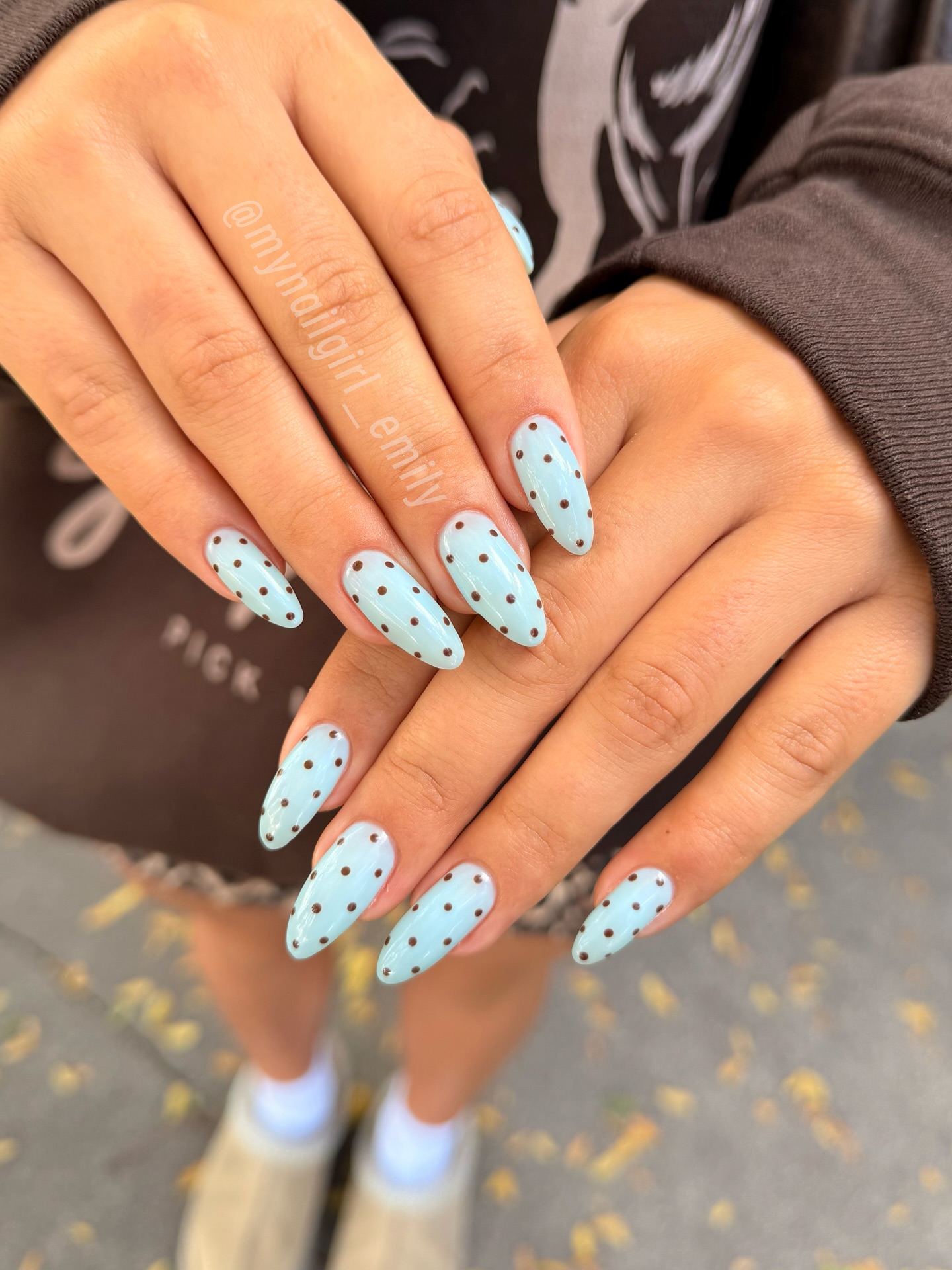 Milky Blue Nails with Polka Dot Brown