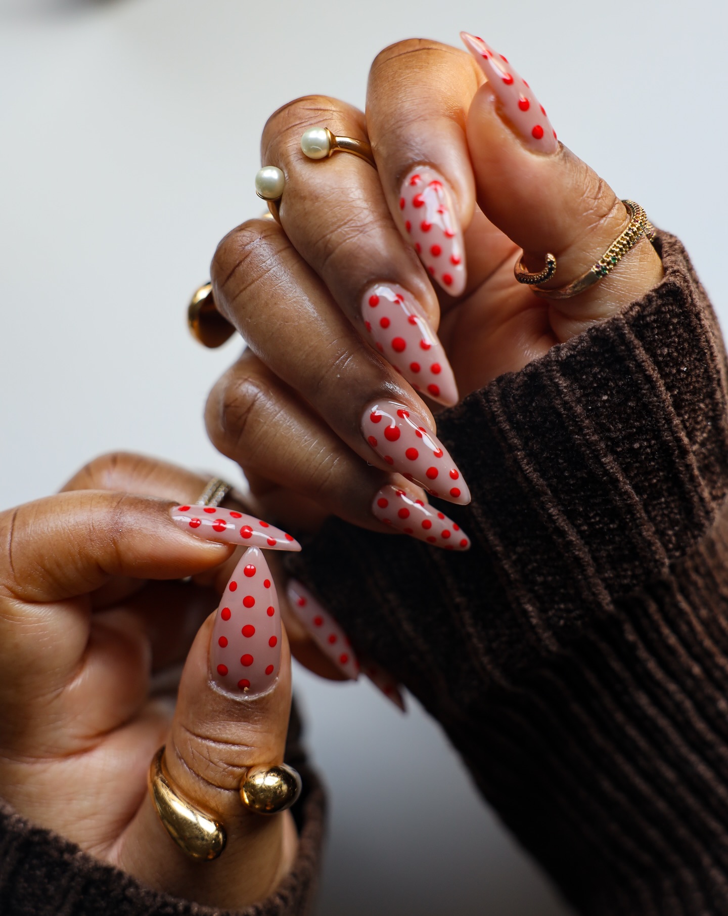 Neutral Base Nails with Red Polka Dot