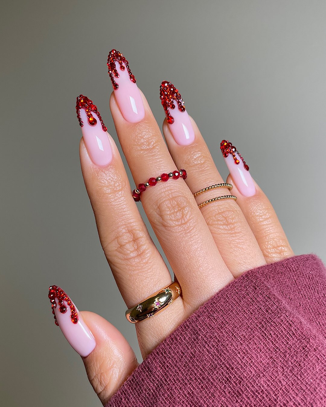 Neutral Fall Nails with Red Gem Tips