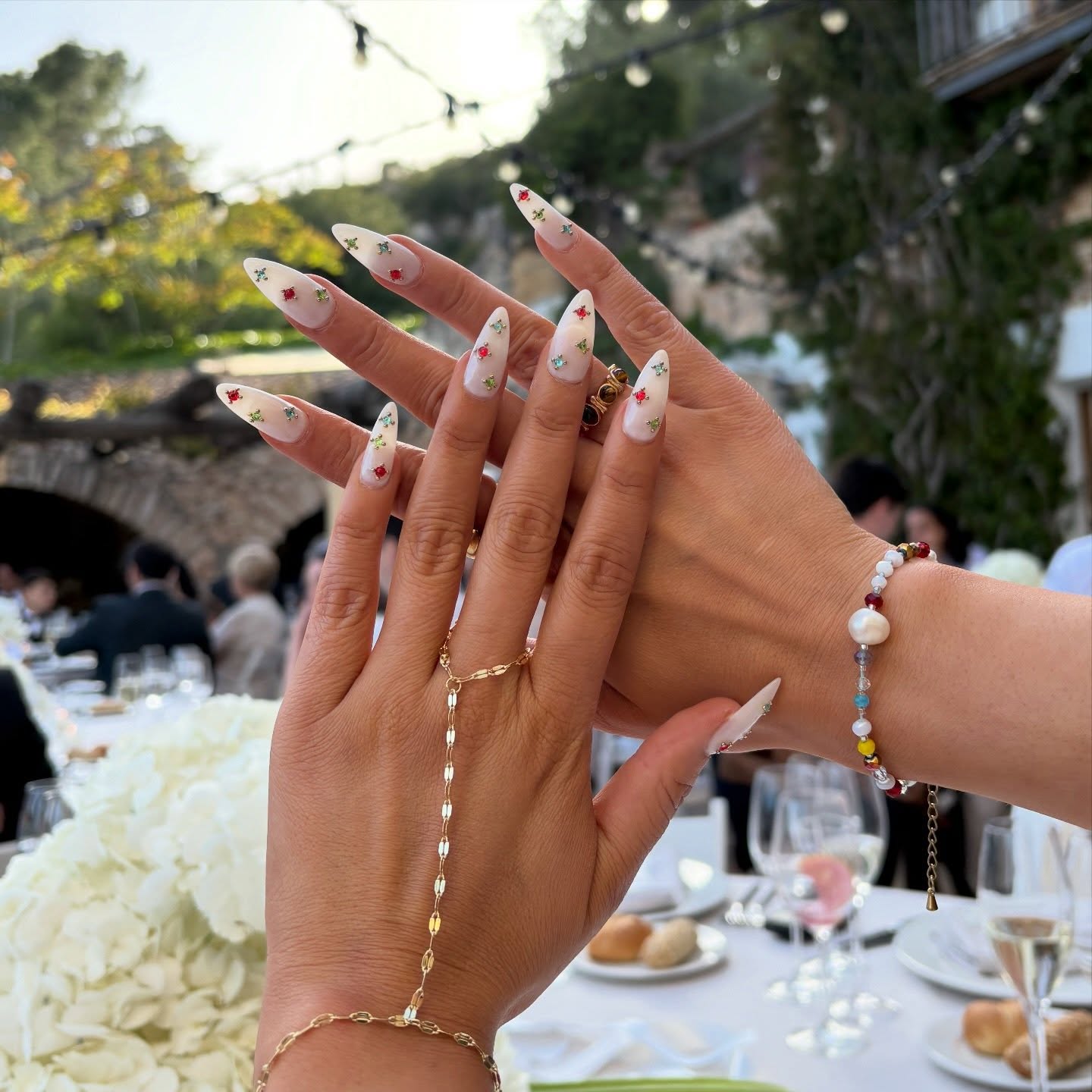 Neutral Nails with Colorful Gemstones