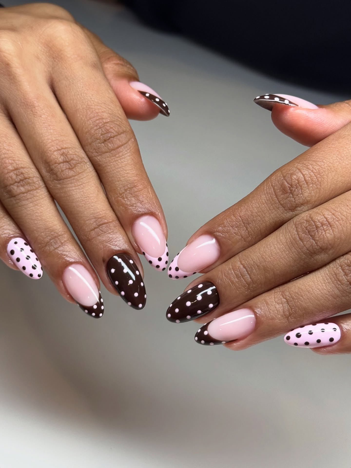 Pink and Brown Polka Dot Nails