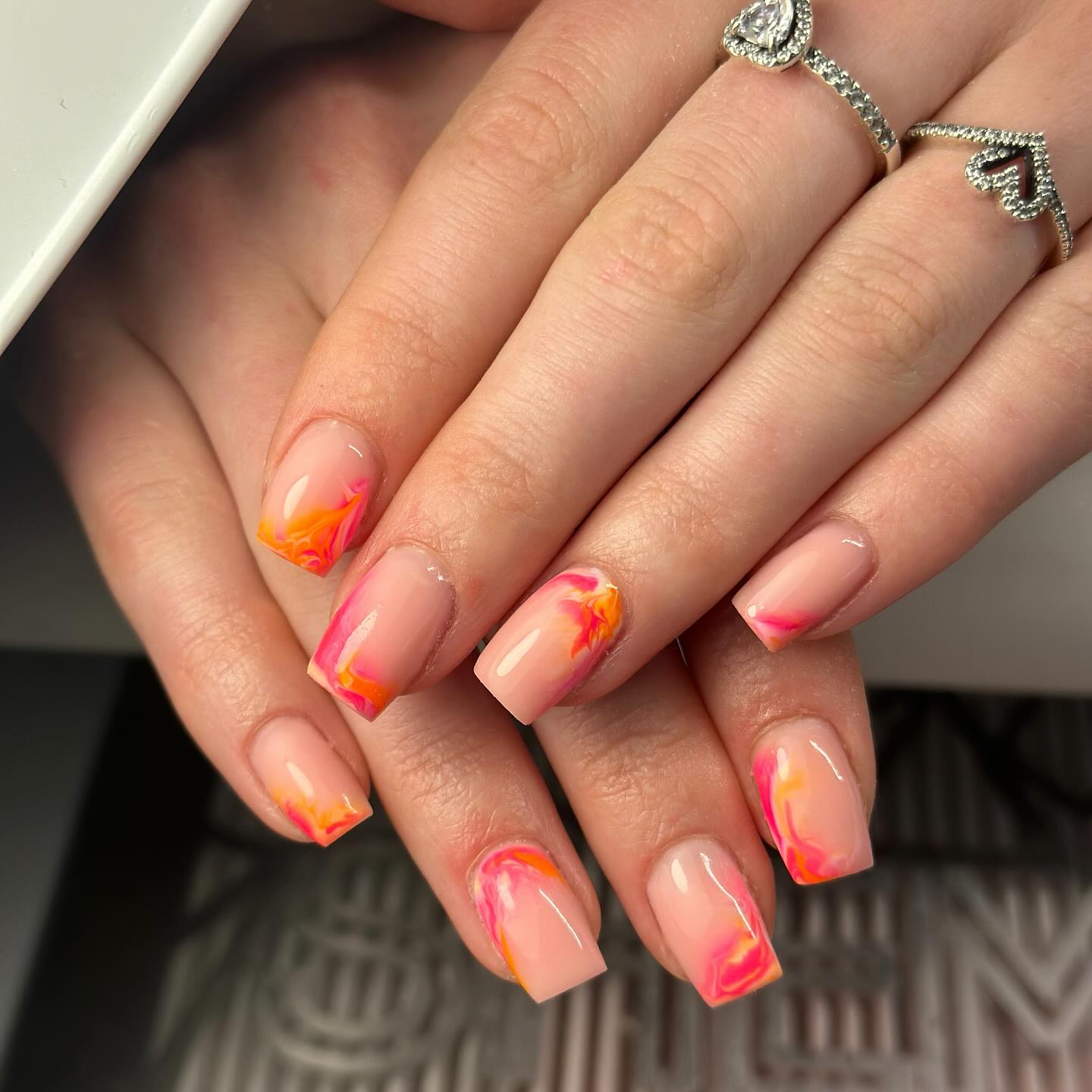 Pink and Orange Marble Nails