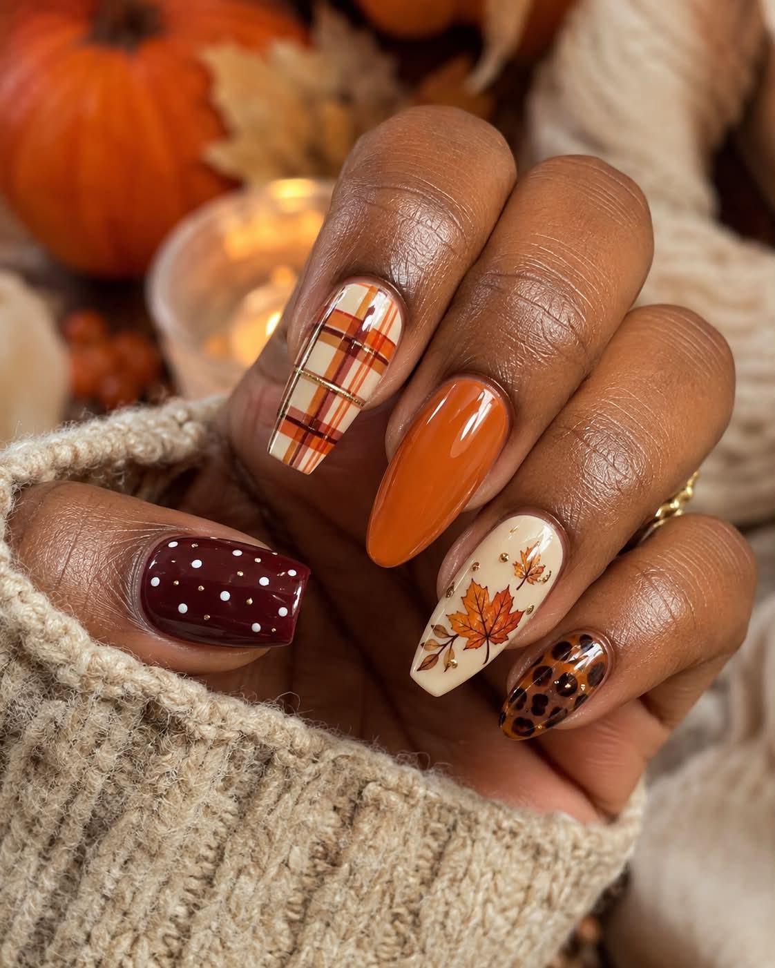 Plaid + Leopard Print + Orange Fall Nails