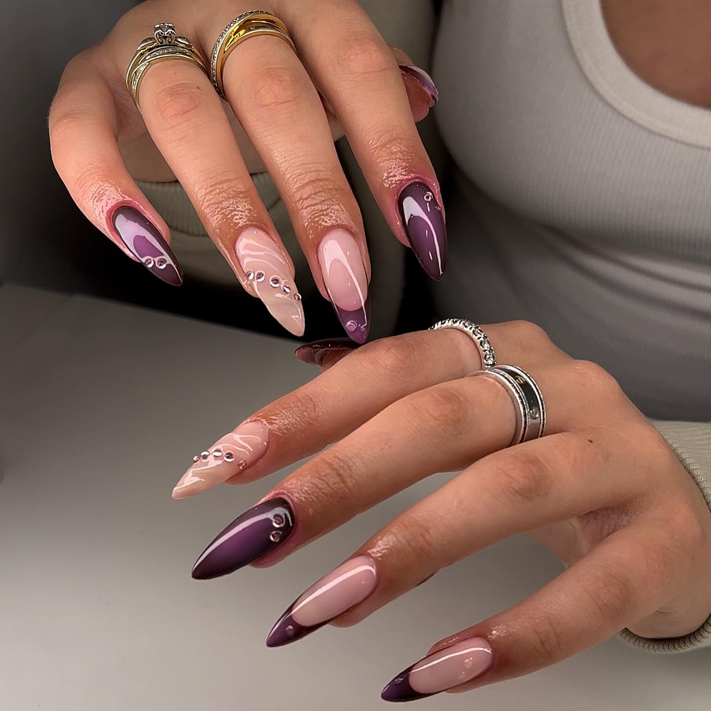 Plum Rain Nails with Gemstone Details