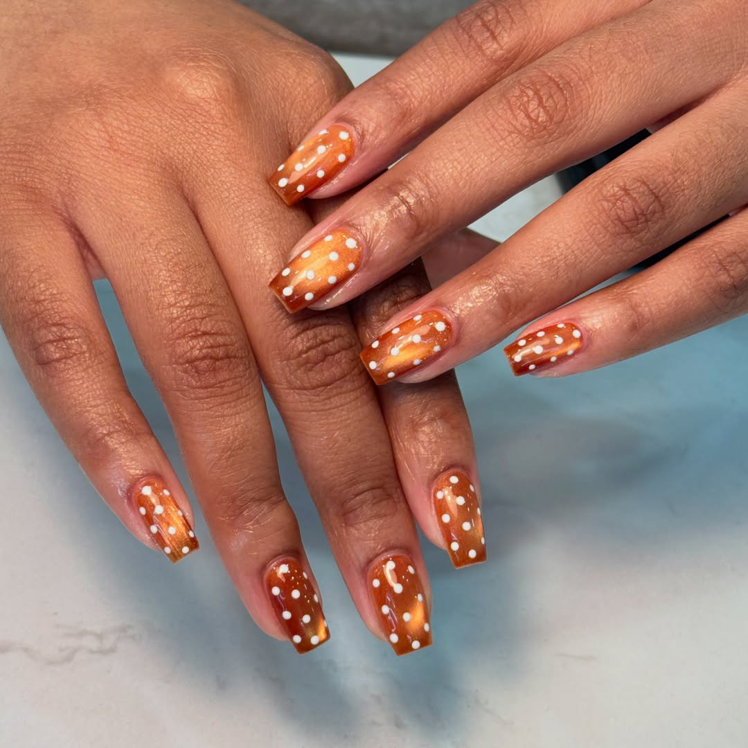 Polka Dot Orange Glossy Nails