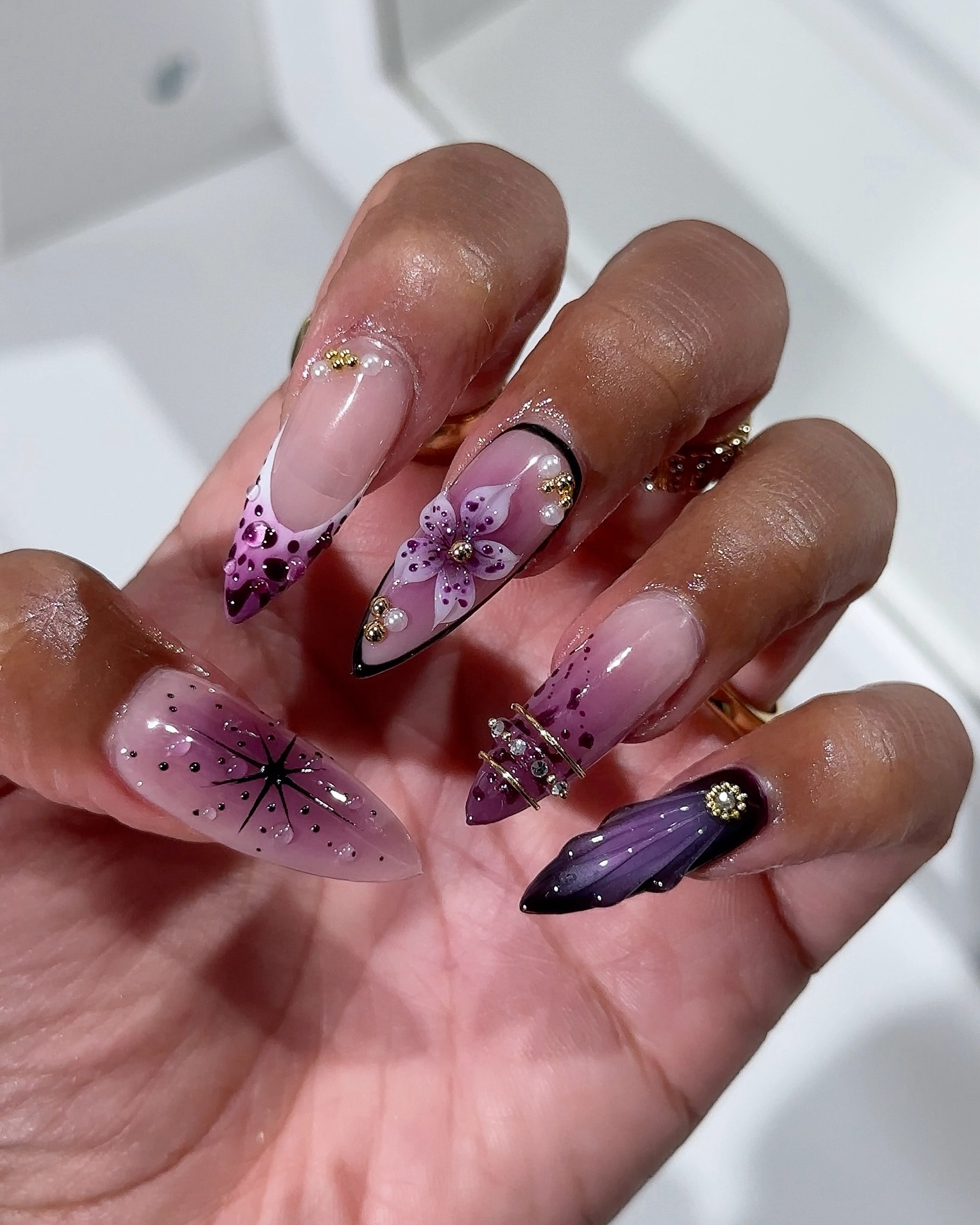Purple Autumn Nail with 3D Floral