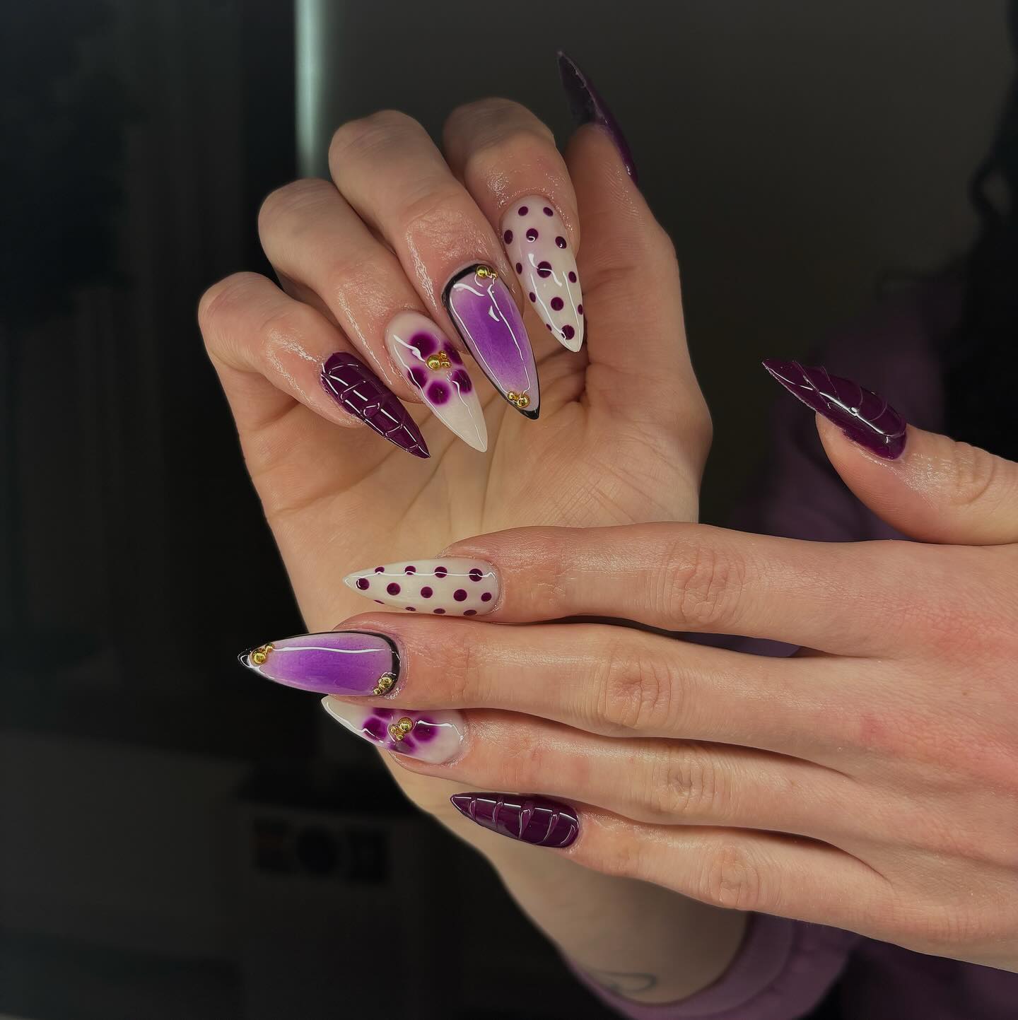 Purple Tortoise Shell and Polka Dot Nails