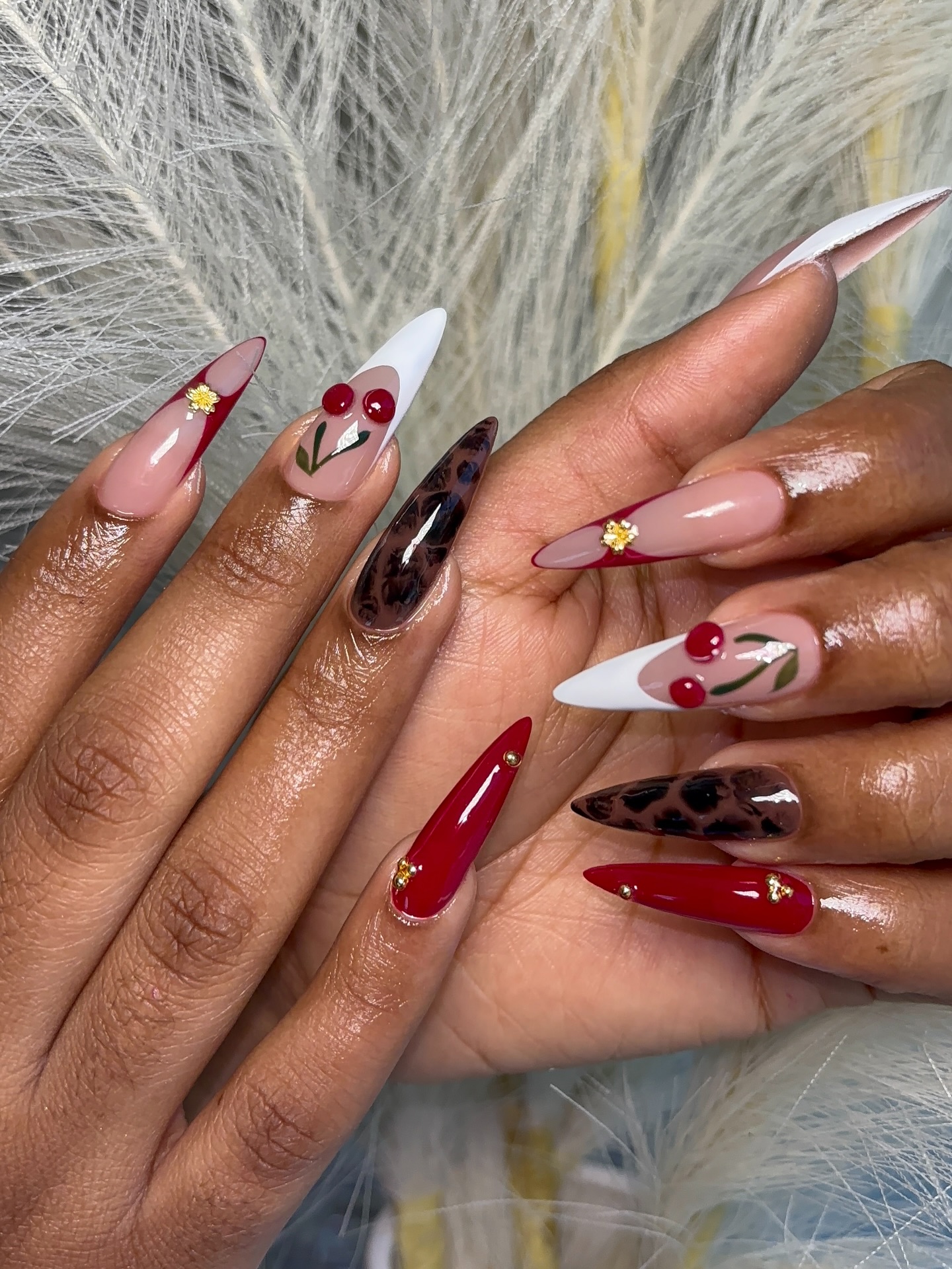 Red Cheery Stiletto Nails with Tortie Design