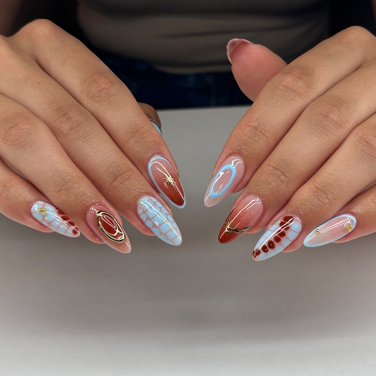 Soft Blue and Brown Fall Nails