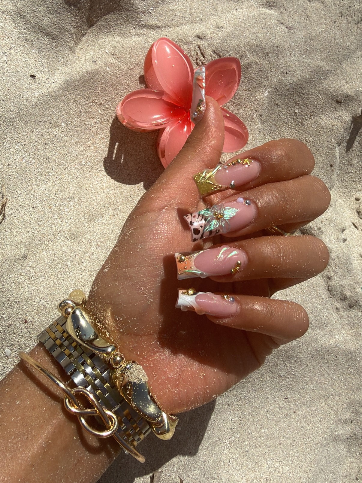 Square Beach Nails with Gold Details