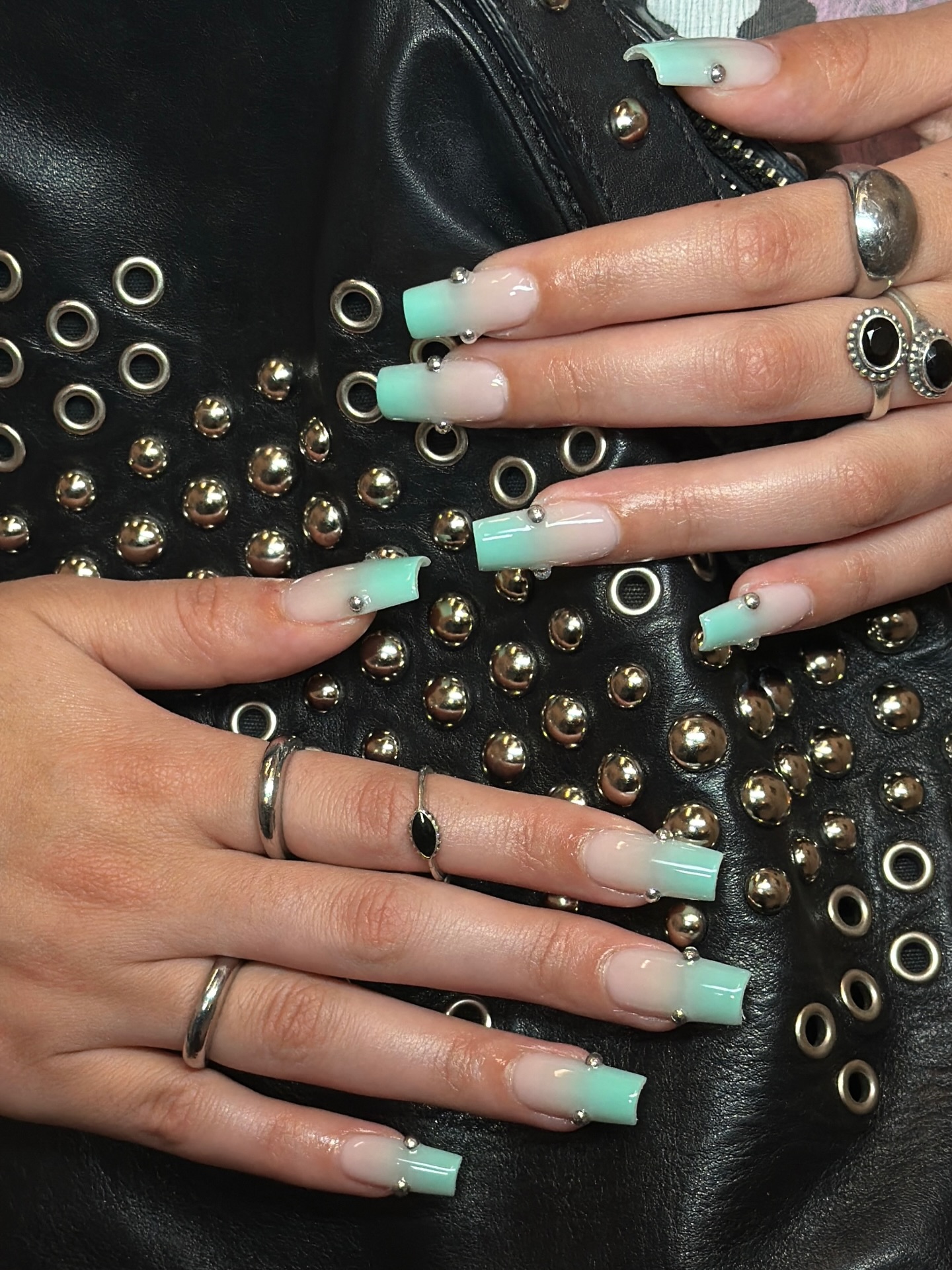Teal French Tips with Silver Details