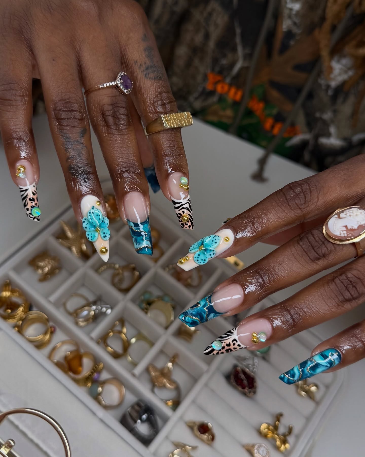 Teal Jungle Coffin Fall Nails