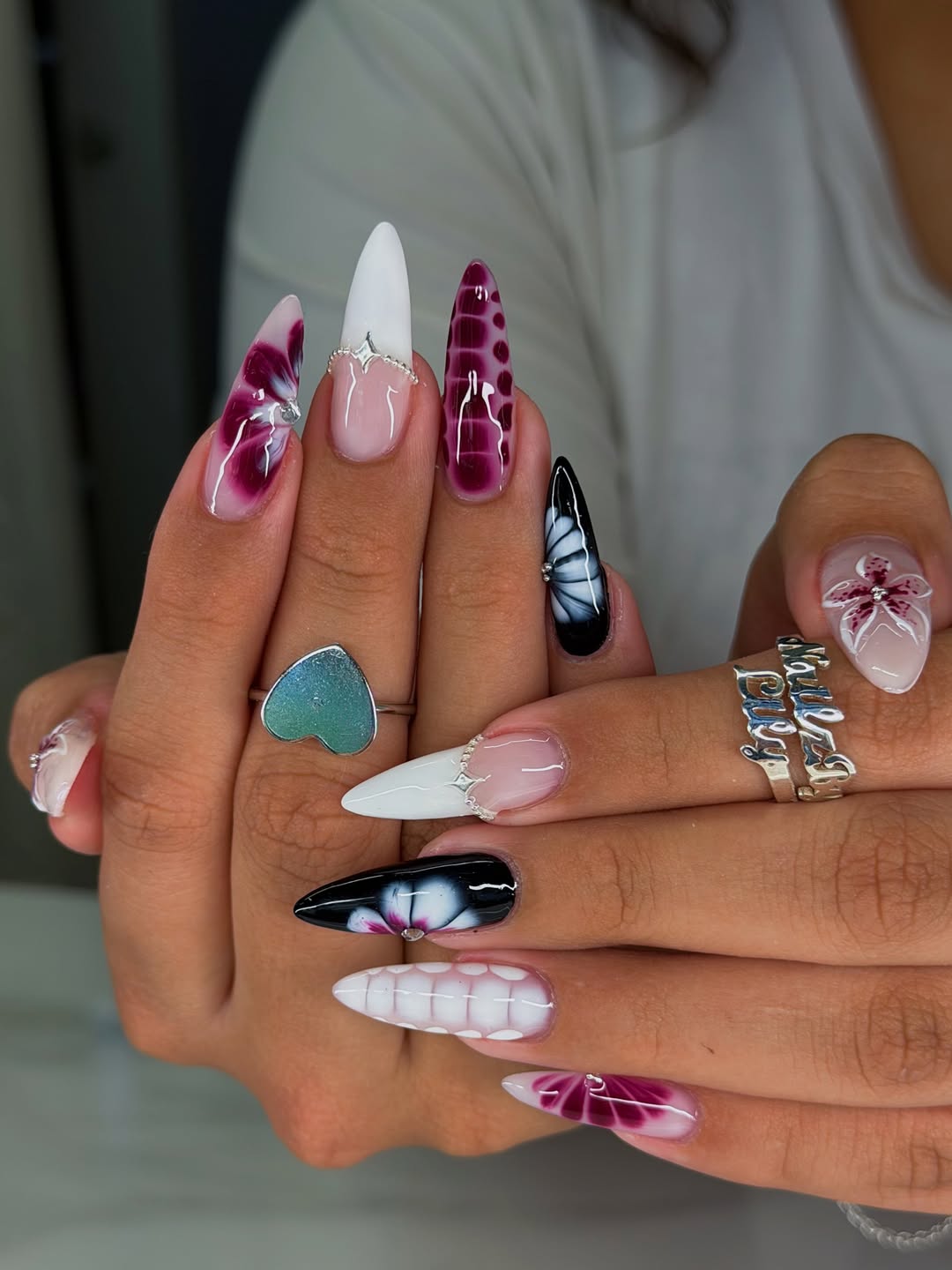 White Base Nails with Burgundy and Black Touch