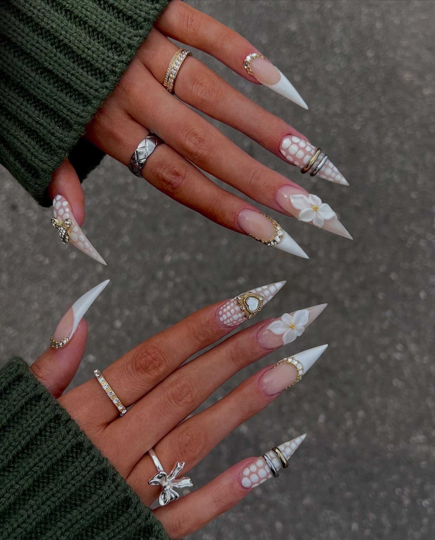White Stiletto Nails with Gold and Silver Details