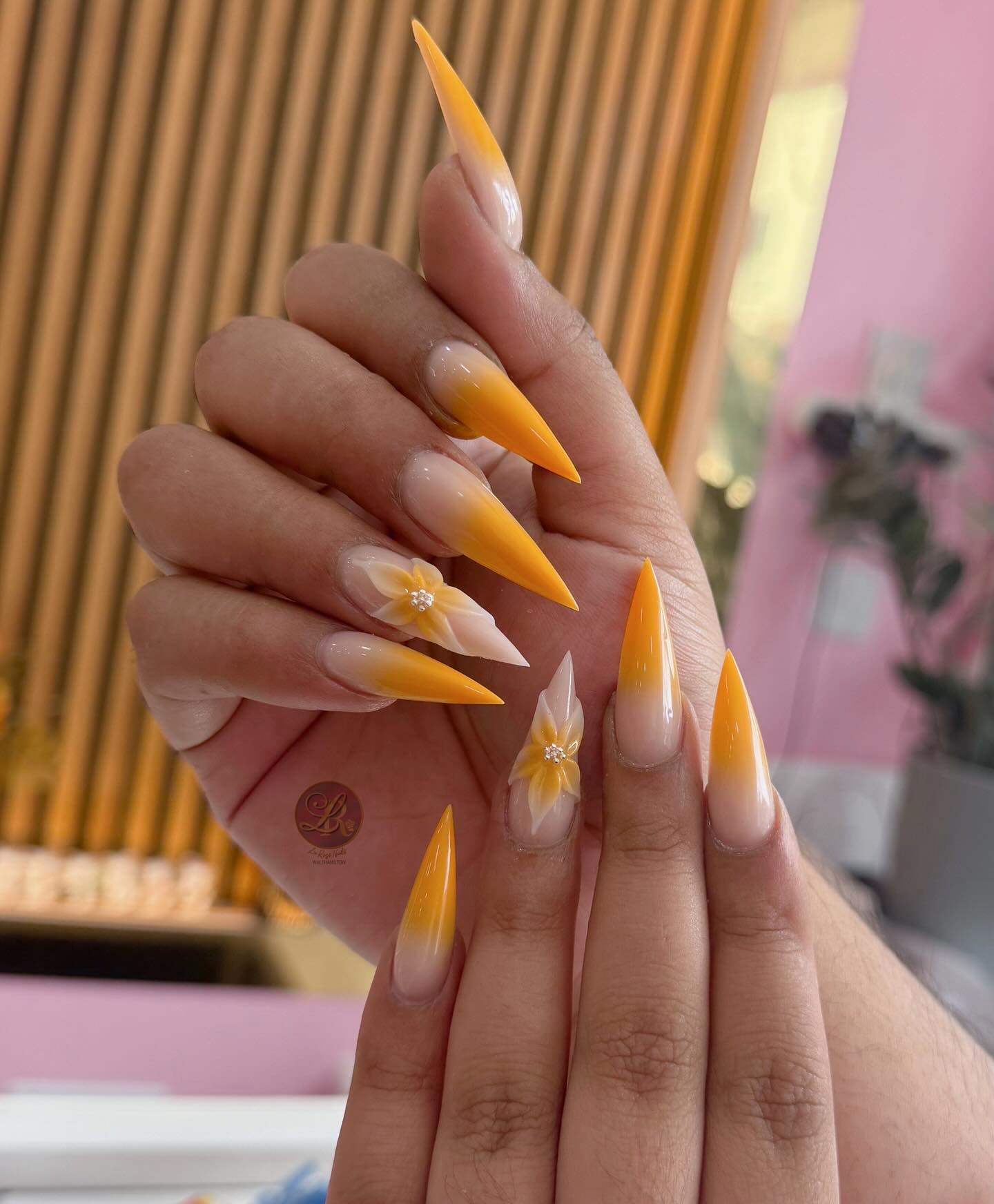 Yellow Ombre Autumn Nails with 3D Flower