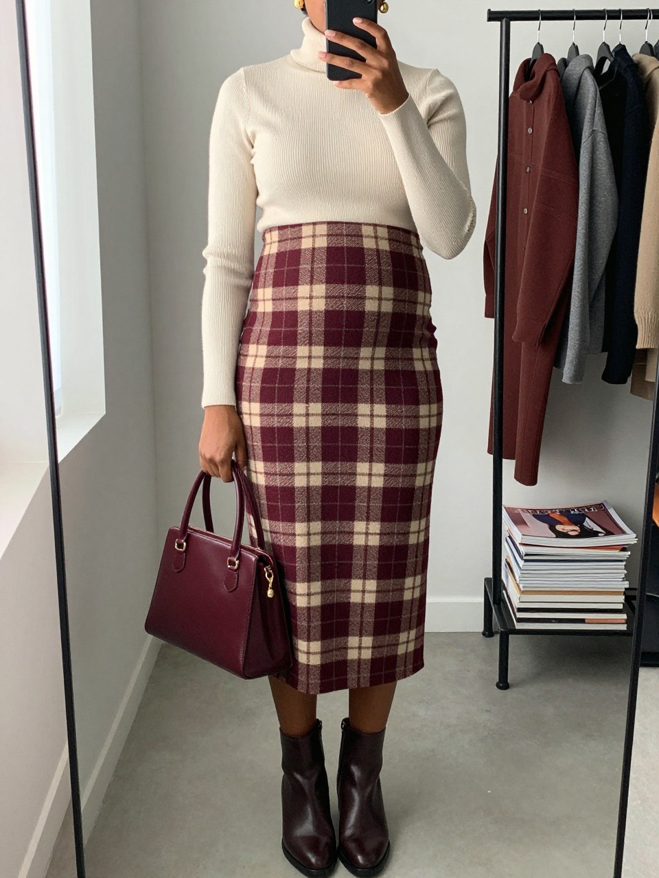 Mirror selfie of a Black pregnant woman wearing a high-waisted burgundy, camel, and cream plaid maternity midi skirt positioned above the bump, a fitted cream ribbed turtleneck, dark brown leather ankle boots, a structured burgundy handbag, and small gold drop earrings, clearly showing the exact clothing items, colors, fabrics, and accessories listed, holding a phone in front of a minimal dressing room mirror, cropped at the neck so the face does not show, with a relaxed casual selfie pose, natural window light, a clothing rack with garments behind and a stack of fashion magazines on a side table, polished and natural, latest iPhone photo quality.