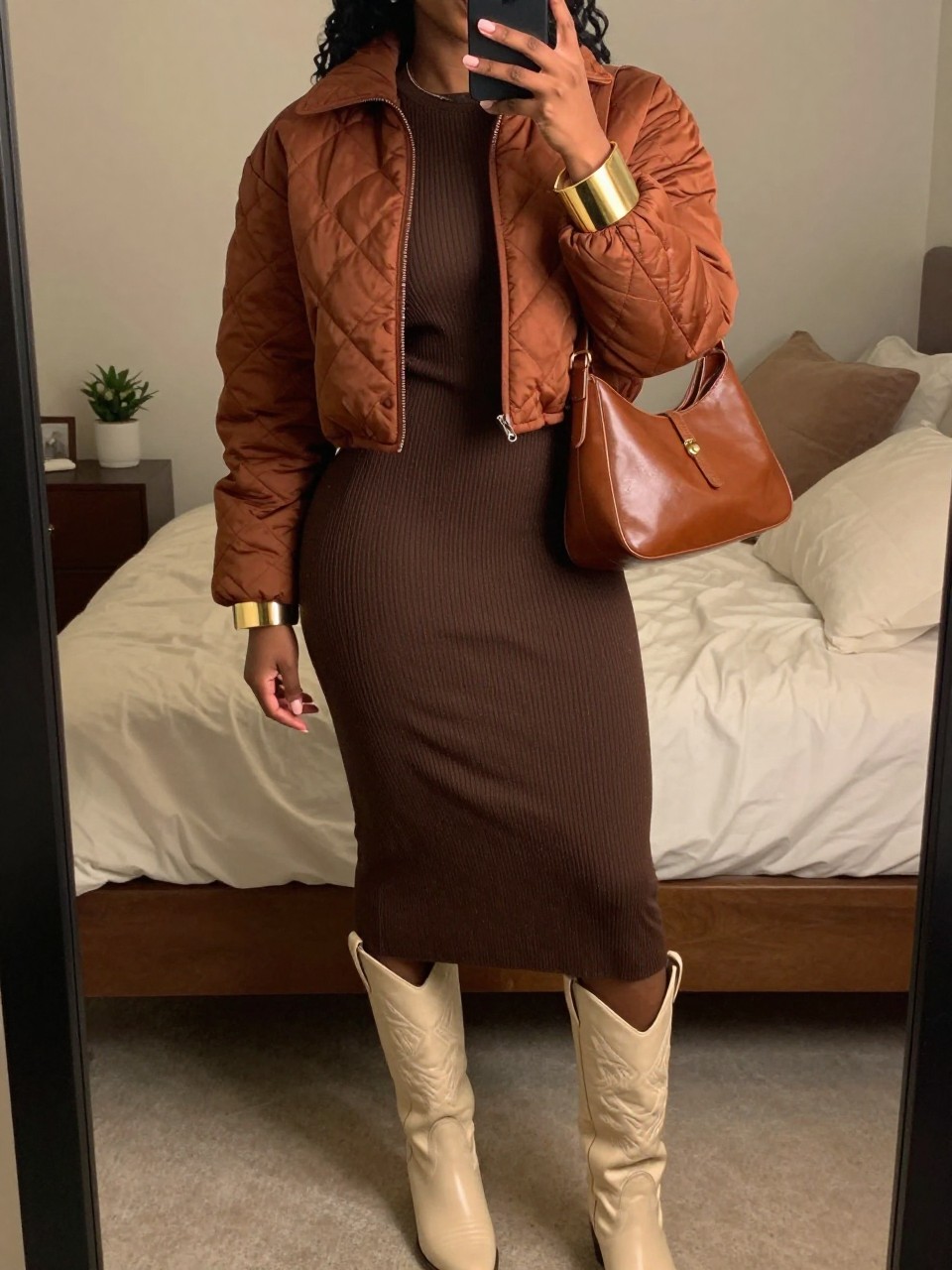 Image Prompt mirror selfie of a Black woman wearing a chocolate ribbed long-sleeve midi dress with a hem stopping several inches above cream leather cowboy boots, an open rust cropped quilted jacket, a cognac leather shoulder bag, and a wide brushed gold cuff, clearly showing the exact clothing items, colors, fabrics, boots, bag, and bracelet listed in the Outfit Pieces section, holding a phone in front of a mirror, cropped at NECK so the face does not show, relaxed polished selfie pose in a feminine-themed bedroom, warm moody lighting, with soft pillows on an unmade bed and a small plant on a dresser, realistic ribbed knit, quilting, and leather textures, natural unstaged mirror photo, latest iPhone photo quality