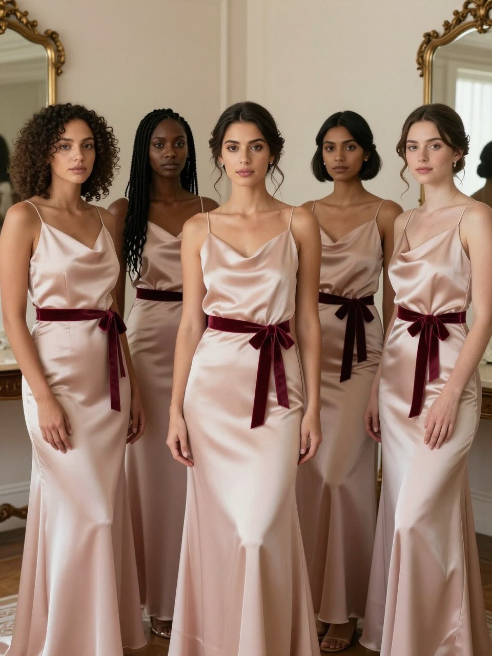 Realistic editorial wedding photograph of five bridesmaids wearing blush satin slip gowns with softly shaped cowl and scoop necklines, fluid ankle-length and floor-length skirts, and narrow burgundy velvet ribbons tied around the waist or into small trailing bows at the back, women with deep ebony, dark warm brown, caramel, South Asian olive, and fair freckled skin tones, naturally varied body shapes and heights, bright confident faces with realistic skin texture and individually suited makeup, hairstyles including natural curls, long braids, short bob, polished bun, and soft waves, standing in a romantic estate salon with cream walls, antique mirrors, ivory flowers, and soft window light, realistic contrast between matte velvet and glossy satin, natural dress folds, precise but believable ribbon ties and relaxed poses.