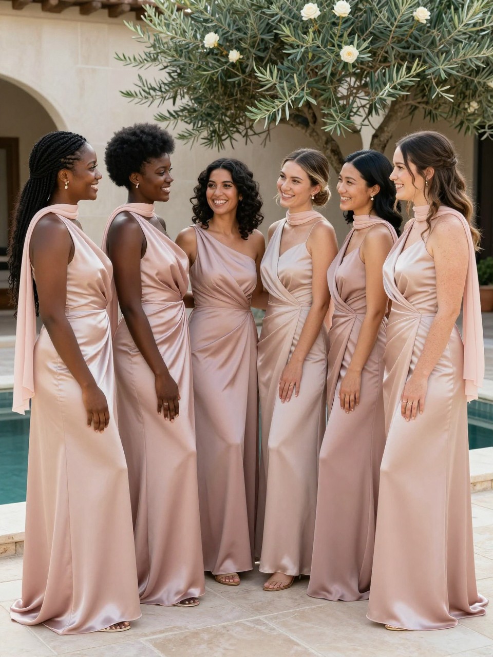 Realistic full-frame DSLR wedding photograph of six bridesmaids wearing floor-length blush pink liquid-satin gowns with softly draped asymmetric necklines, narrow chiffon scarves attached at one shoulder and trailing naturally down the back, diagonal gathering across the waist, and fluid column skirts, women with deep ebony, rich mahogany, warm caramel, South Asian olive, East Asian light beige, and fair freckled skin tones, naturally varied ages, heights, bust sizes, and body shapes, bright beautiful faces with distinct individual features, visible natural skin texture, genuine smiles, and makeup carefully suited to each complexion, hairstyles including long knotless braids, a rounded natural afro, sleek low bun, shoulder-length curls, polished bob, and loose waves, standing in a cream limestone courtyard with ivory roses, olive trees, and a shallow reflecting pool, late-afternoon sunlight creating soft realistic highlights across the satin, natural dress creases, lightly windblown scarves, relaxed conversational poses, believable anatomy and no repeated faces.
