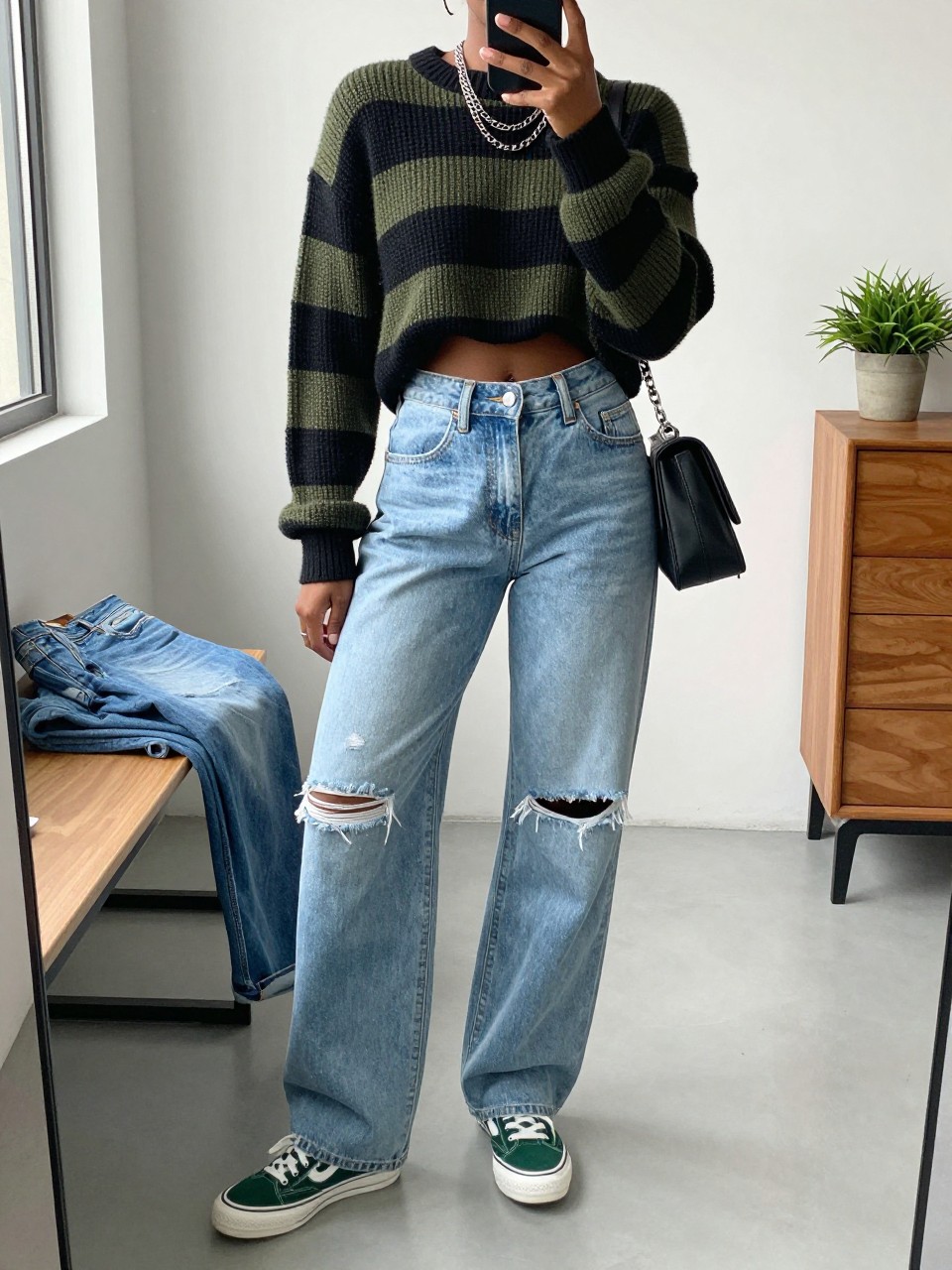 Mirror selfie of a Black woman wearing baggy light-wash jeans with distressed knees, a cropped black and olive striped knit sweater, dark green canvas sneakers, a black leather chain-strap bag, and layered silver chain necklaces, clearly showing the exact clothing items, colors, fabrics, and accessories listed, holding a phone in front of a fashion studio mirror corner, cropped at the neck so the face does not show, relaxed casual selfie pose, natural window light, folded denim jeans on a bench and a small plant on a dresser, realistic creative setting, latest iPhone photo quality.