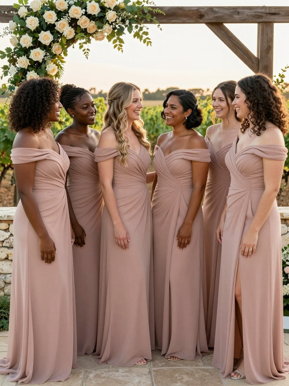 Realistic vineyard wedding photograph of six bridesmaids wearing rosy blush off-shoulder gowns made from fine stretch mesh over smooth crepe lining, softly folded necklines resting securely across the upper arms, diagonal ruching through the bodices, gentle gathers placed at one hip, and fluid floor-length skirts, women with deep ebony, rich brown, medium brown, golden tan, olive, and fair skin tones, varied ages, bust sizes, heights, and body shapes represented naturally, bright joyful faces with realistic skin texture, hairstyles including shoulder-length coils, wrapped braided bun, long waves, short curly bob, sleek ponytail, and natural curls, standing beneath an outdoor ceremony arch surrounded by ivory roses, grapevines, pale stone walls, and warm sunset light, believable mesh transparency, natural gathering, soft shadows and candid interaction.
