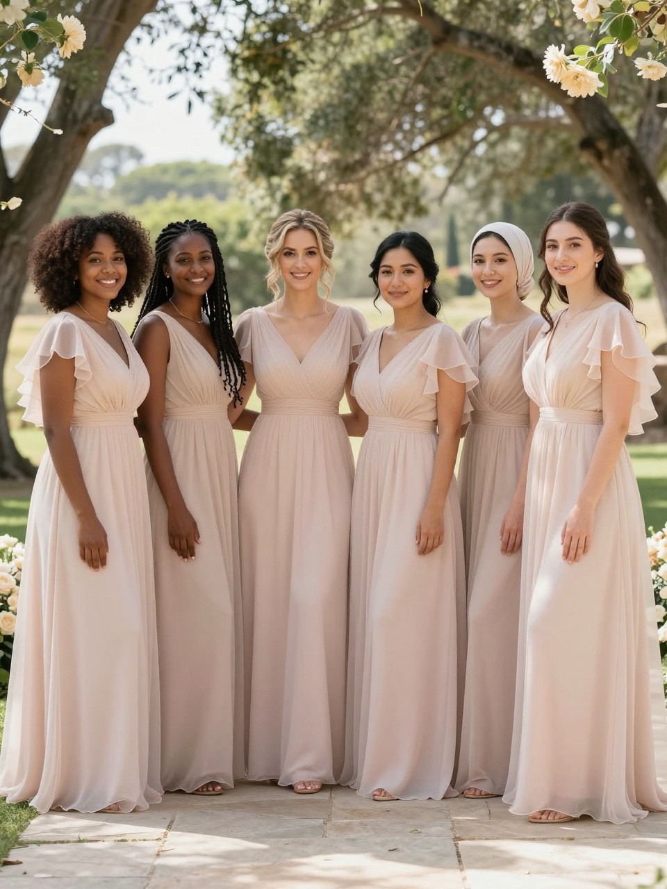 Realistic outdoor wedding photograph of six bridesmaids wearing airy blush chiffon gowns with softly shaped V-neck and scoop-neck bodices, layered petal sleeves made from overlapping curved chiffon panels, lightly gathered waists, and flowing floor-length skirts, women with very deep brown, deep reddish brown, golden brown, South Asian olive, East Asian light beige, and fair peach complexions, naturally varied ages, heights, bust sizes, and body types, bright friendly faces with unique features, realistic makeup and skin texture, hairstyles including natural afro curls, long locs, braided bun, softly wrapped hijab, polished ponytail, and loose waves, standing beside a countryside ceremony with mature trees, cream flowers, pale stone paths, and soft afternoon sunlight, gentle wind moving the sleeves and skirts, realistic chiffon transparency and natural shadows.