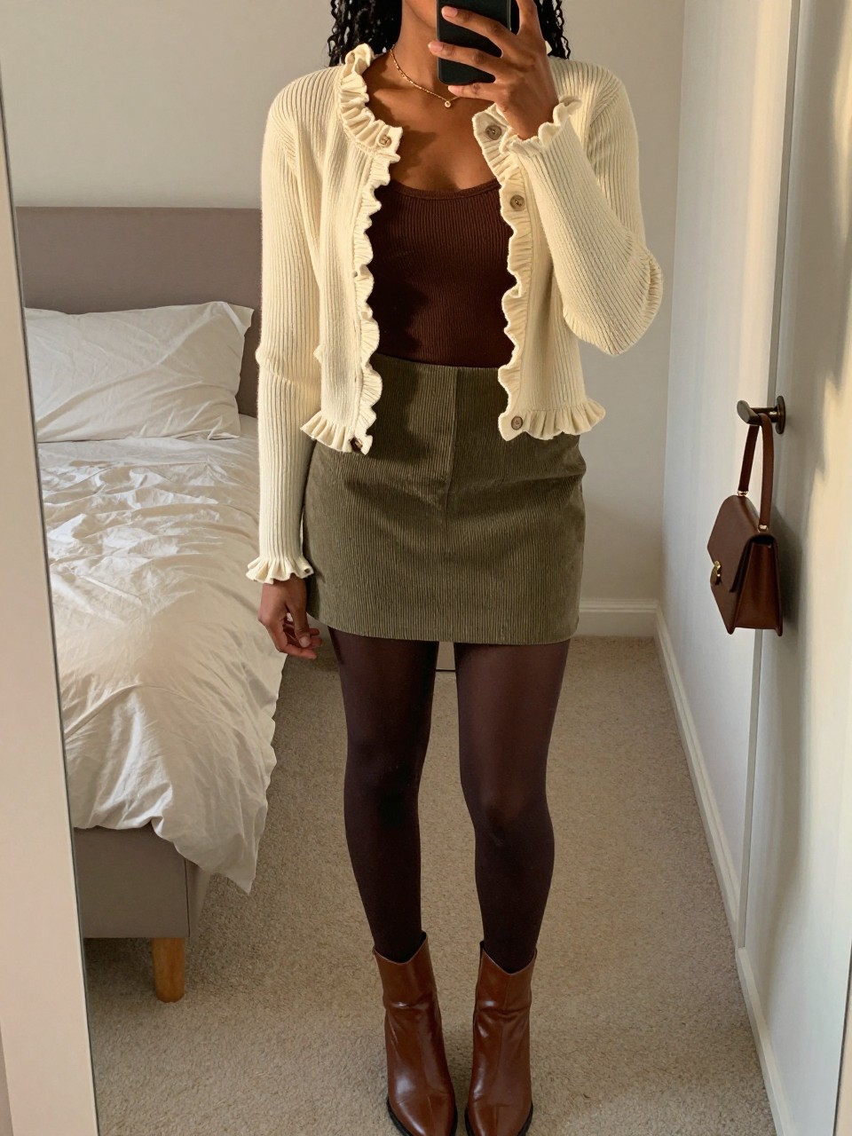 Image Prompt mirror selfie of a Black woman wearing a cream ribbed cardigan with ruffled edges buttoned halfway over a chocolate fitted scoop-neck knit top, an olive A-line corduroy mini skirt, dark brown opaque tights, and cognac leather ankle boots, clearly showing the exact clothing items, colors, fabrics, ruffles, tights, and boots listed in the Outfit Pieces section, holding a phone in front of a mirror, cropped at NECK so the face does not show, relaxed feminine selfie pose in a feminine-themed bedroom, evening golden hour light, with soft pillows on an unmade bed and a handbag hanging on a door handle, realistic ribbed knit, ruffles, corduroy, tights, and leather textures, latest iPhone photo quality