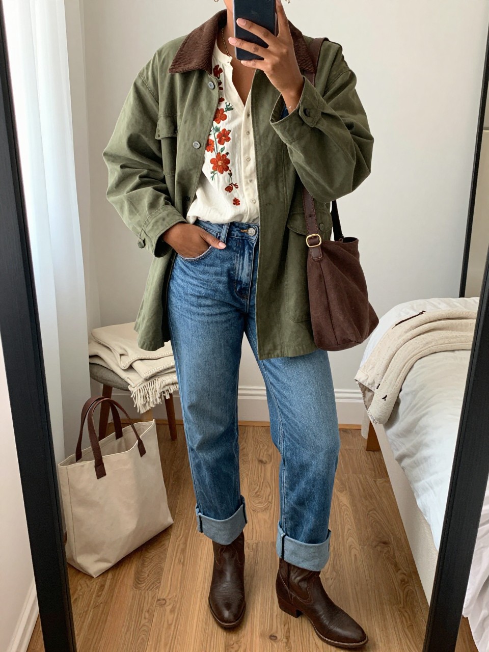 Image Prompt mirror selfie of a Black woman wearing an open olive cotton barn jacket with a brown corduroy collar over a cream cotton blouse with rust floral embroidery tucked loosely into medium-wash straight-leg jeans rolled once above dark brown weather-resistant cowboy boots, and a chocolate canvas crossbody bag, clearly showing the exact clothing items, colors, embroidery, fabrics, boots, and bag listed in the Outfit Pieces section, holding a phone in front of a mirror, cropped at NECK so the face does not show, relaxed casual selfie pose in a cozy bedroom mirror setup, natural window light, with a folded blanket on a chair and a tote bag resting on the floor, realistic cotton, corduroy, embroidery, denim, leather, and canvas textures, latest iPhone photo quality