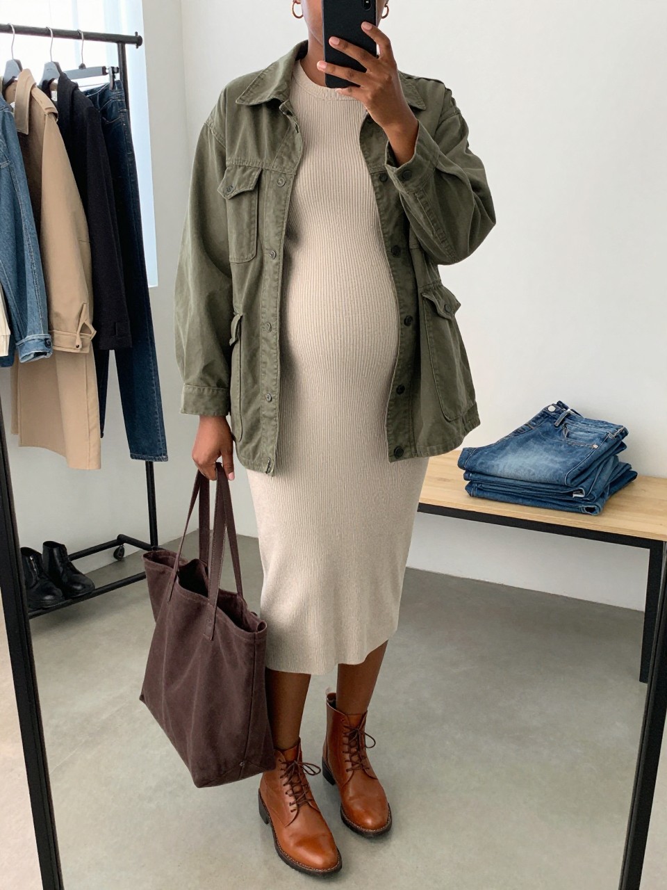 Mirror selfie of a Black pregnant woman wearing a fitted oatmeal ribbed-knit maternity midi dress, an open olive-green cotton utility jacket, cognac leather lace-up ankle boots, a dark brown canvas tote bag, and small bronze hoop earrings, clearly showing the exact clothing items, colors, fabrics, and accessories listed, holding a phone in front of a fashion studio mirror corner, cropped at the neck so the face does not show, with a relaxed casual selfie pose, natural window light, a clothing rack with garments behind and folded denim jeans on a bench, casual realistic setting, latest iPhone photo quality.