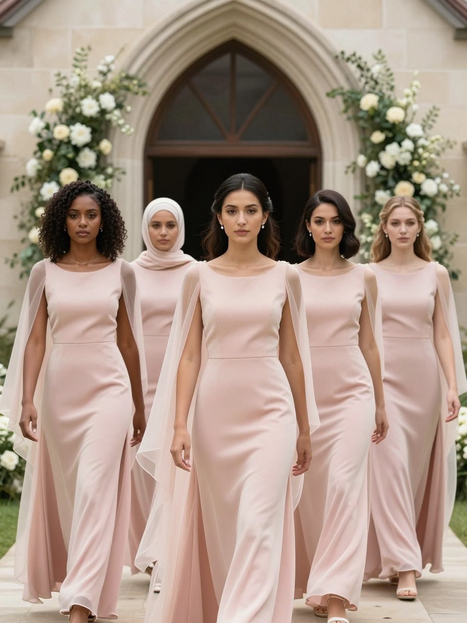 Realistic elegant wedding photograph of six bridesmaids wearing blush pink matte-crepe column gowns with scoop necklines, fitted sleeveless bodices, softly defined waists, and removable sheer organza capelets resting over the shoulders and ending close to the elbows, women of West African, South Asian, East Asian, Middle Eastern, Latina, and European appearance with deep, golden brown, olive, tan, medium beige, and fair complexions, bright expressive faces with individual features, realistic pores and soft makeup, hairstyles including natural coils, a braided crown, neatly wrapped hijab, polished ponytail, sleek bob, and loose waves, walking through the arched entrance of a pale stone chapel surrounded by ivory flowers and greenery, light breeze moving the capelet edges naturally, visible organza transparency, gentle shadows and realistic body proportions.