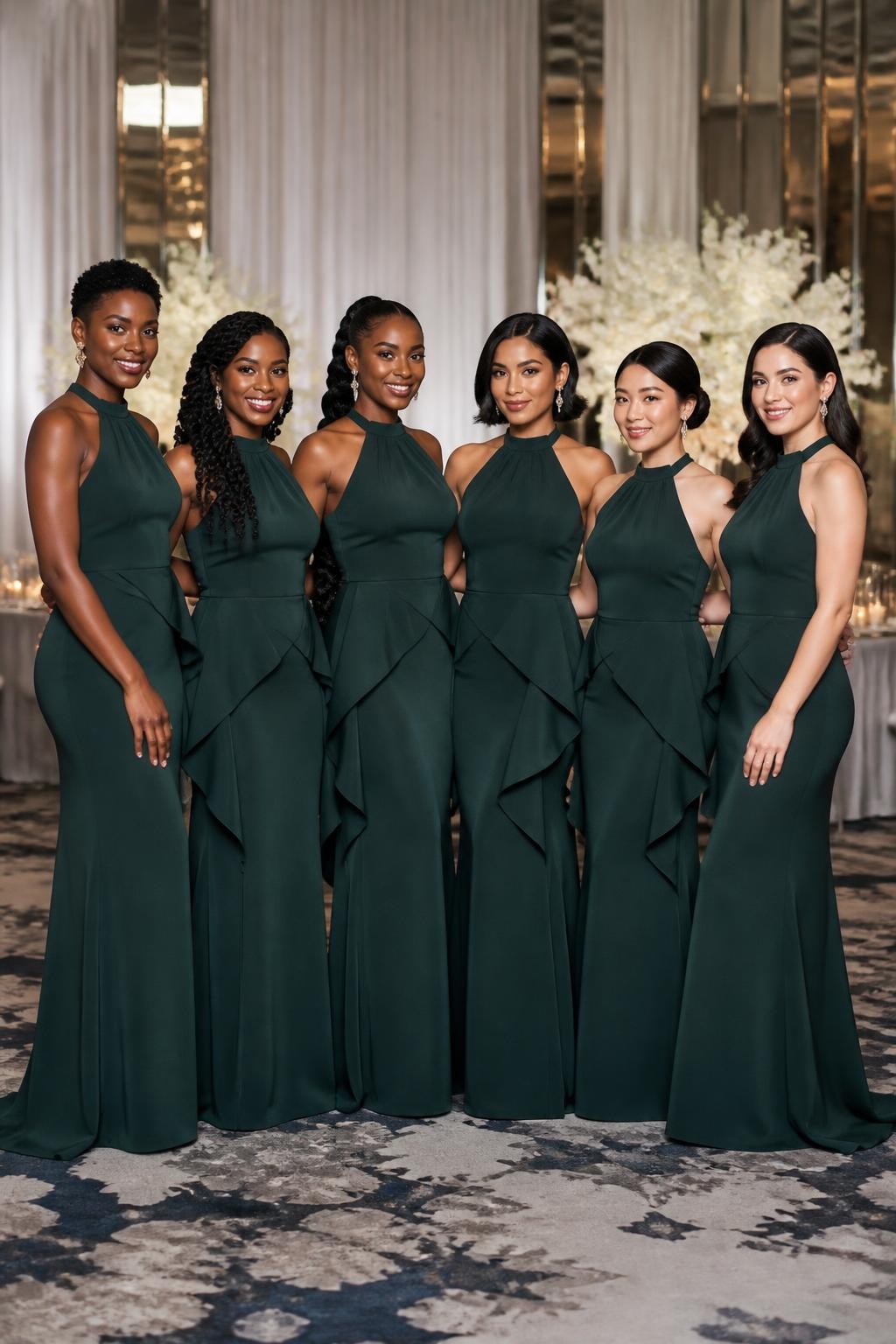 Realistic formal wedding portrait of six bridesmaids wearing dark peacock green matte-crepe column gowns with high gathered halter necklines, softly sculpted waterfall peplum panels flowing diagonally from the waist, and slim floor-length skirts with discreet back slits, women with deep ebony, cool dark brown, cinnamon, golden olive, East Asian beige, and porcelain complexions, different shoulder widths, bust sizes, heights, and body shapes shown naturally, bright confident faces with realistic evening makeup and distinct features, hairstyles including cropped coils, long twists, braided ponytail, sleek bob, polished chignon, and brushed waves, standing inside a contemporary ballroom with ivory curtains, sculptural white flowers, mirrored walls, and candlelit tables, directional lighting revealing subtle blue undertones in the green fabric, visible seams, and believable fabric tension.