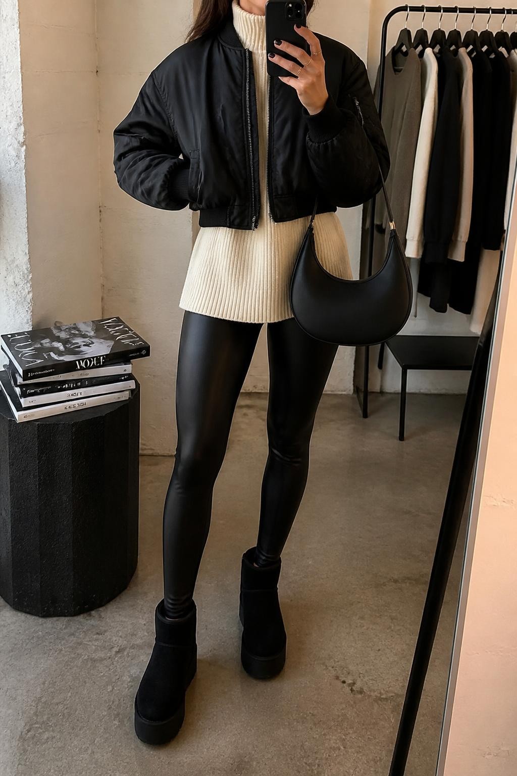 mirror selfie of a woman wearing a black cropped nylon bomber jacket over a cream oversized mock-neck sweater extending below the jacket, black high-waisted faux-leather leggings, black platform mini Ugg boots, and a black crescent shoulder bag, clearly showing the exact clothing items, colors, fabrics, boots, and bag listed in the Outfit Pieces section, holding a phone in front of a mirror, cropped at NECK so the face does not show, relaxed confident selfie pose in a fashion studio mirror corner, warm moody lighting, with a stack of fashion magazines on a side table and a clothing rack with garments behind her, realistic nylon, knit, faux-leather, and suede textures, latest iPhone photo quality