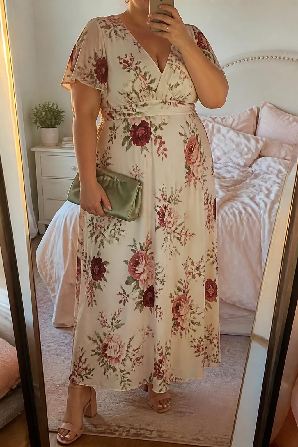 Mirror selfie of a plus size woman wearing a cream chiffon maxi dress with blush pink, sage green, and burgundy floral prints, short flutter sleeves, a V-neckline, and a softly fitted waist, blush pink block-heel sandals, a sage satin clutch, and small gold hoop earrings, clearly showing the exact dress print, colors, fabrics, footwear, and accessories listed, holding a phone in front of a mirror, cropped at the neck so the face is hidden, relaxed graceful selfie pose, in a feminine-themed bedroom with evening golden-hour lighting, soft pillows on an unmade bed and a small plant on a dresser, realistic garden brunch outfit, latest iPhone photo quality.