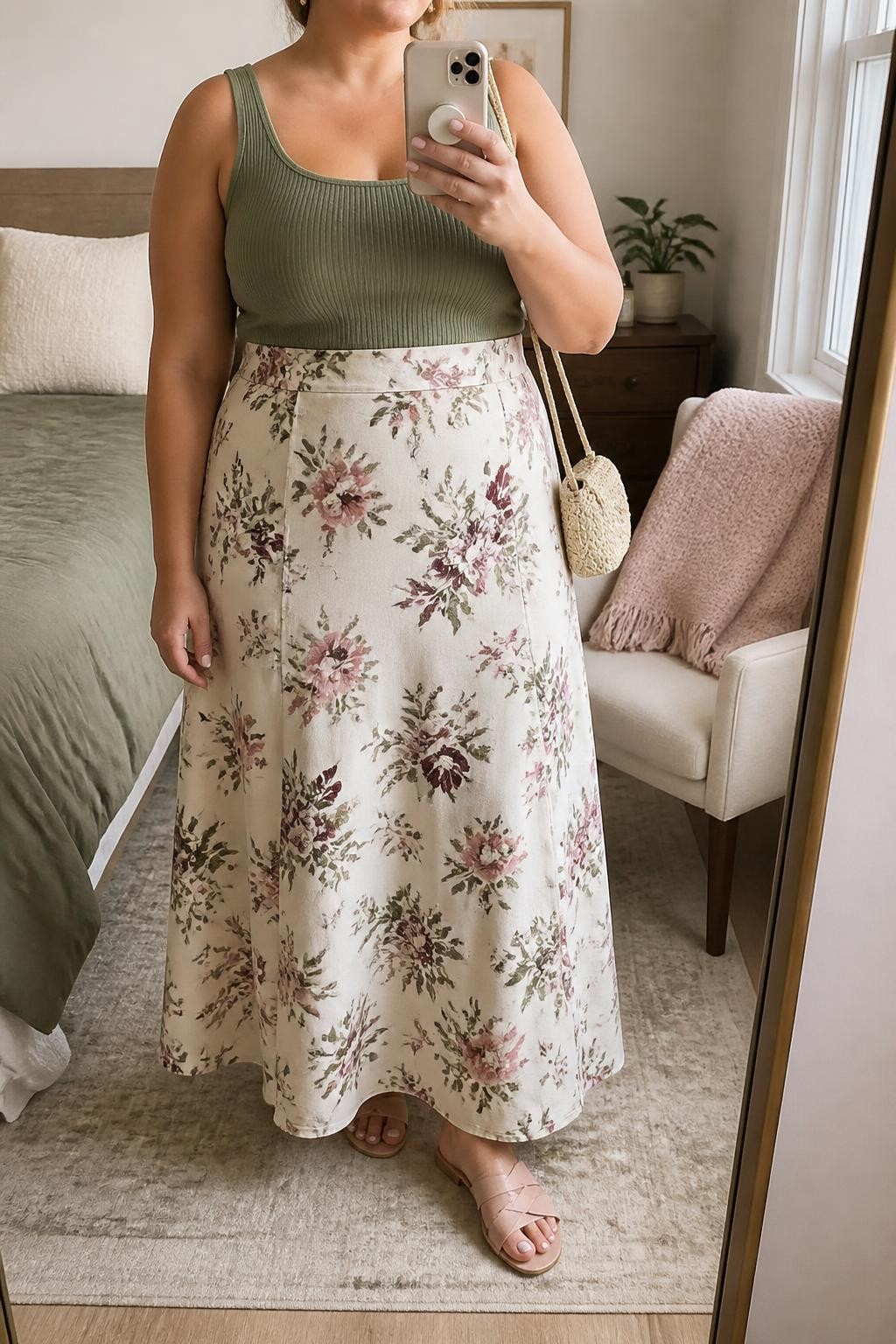 Mirror selfie of a plus size woman wearing a cream high-waisted maxi skirt with sage green, blush pink, and burgundy floral prints, a fitted sage green ribbed knit tank top with wide straps, blush flat sandals, a small cream woven shoulder bag, and delicate gold stud earrings, clearly showing the exact clothing items, floral print, sage knit, colors, footwear, and accessories listed, holding a phone in front of a mirror, cropped at the neck so the face does not appear, relaxed soft selfie stance, in a cozy bedroom mirror setup with natural window light, a folded blanket on a chair and a small plant on a dresser, realistic garden-party styling, latest iPhone photo quality.