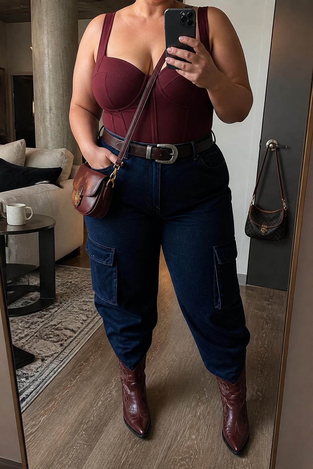 Mirror selfie of a plus size woman wearing a burgundy corset-style bodysuit with a structured opaque bodice and wide supportive straps, dark indigo high-waisted cargo jeans with flat side pockets, burgundy leather pointed cowboy boots, a dark brown Western belt with a silver buckle, and a small burgundy leather crossbody bag, clearly showing the exact clothing items, colors, structured fabric, denim pockets, footwear, belt, and accessories listed, holding a phone in front of a mirror, cropped at the neck so her face is not visible, relaxed confident selfie pose, in a stylish city apartment with warm moody lighting, a handbag hanging on a door handle and a coffee mug on a side table, realistic contemporary country concert outfit, latest iPhone photo quality.
